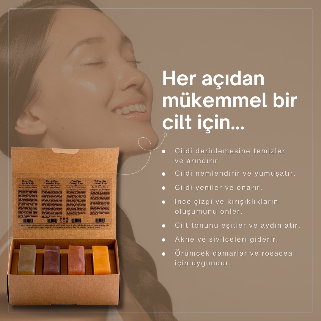 Kadınlar İçin Doğal Kil Sabunu Seti 4x120 gr - Yağlı, Hassas ve Olgun Ciltler İçin Doğal Kil Sabunları | Yüz, Vücut ve Saç Bakımı