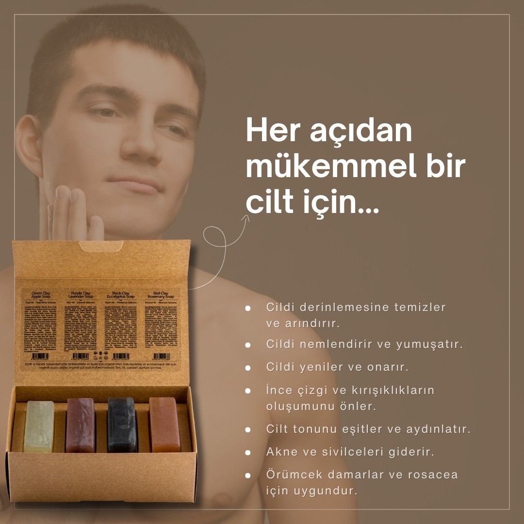 Erkekler İçin Doğal Kil Sabunu Seti - 4x120 gr - Organik & El Yapımı - Zengin Minerallerle Desteklenmiş Sülfatsız Sabun - Cilt ve Saç Bakımı İçin