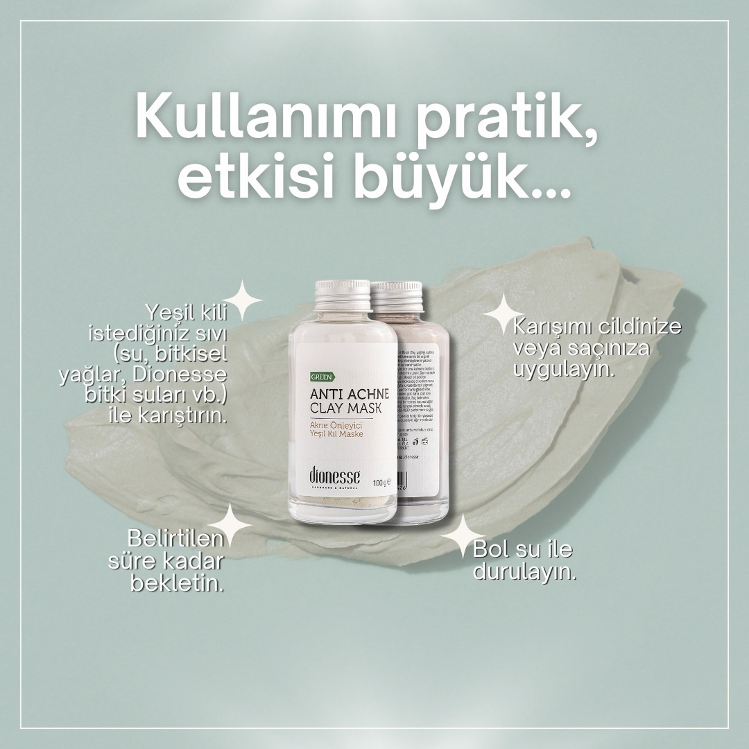 Anti Akne Detoks Yeşil Kil Maskesi 100 gr | Yağlı Cilt ve Saçlar İçin Detoks Etkili, Sebum Dengeleyici, Sivilce ve Leke Karşıtı Cilt Bakımı