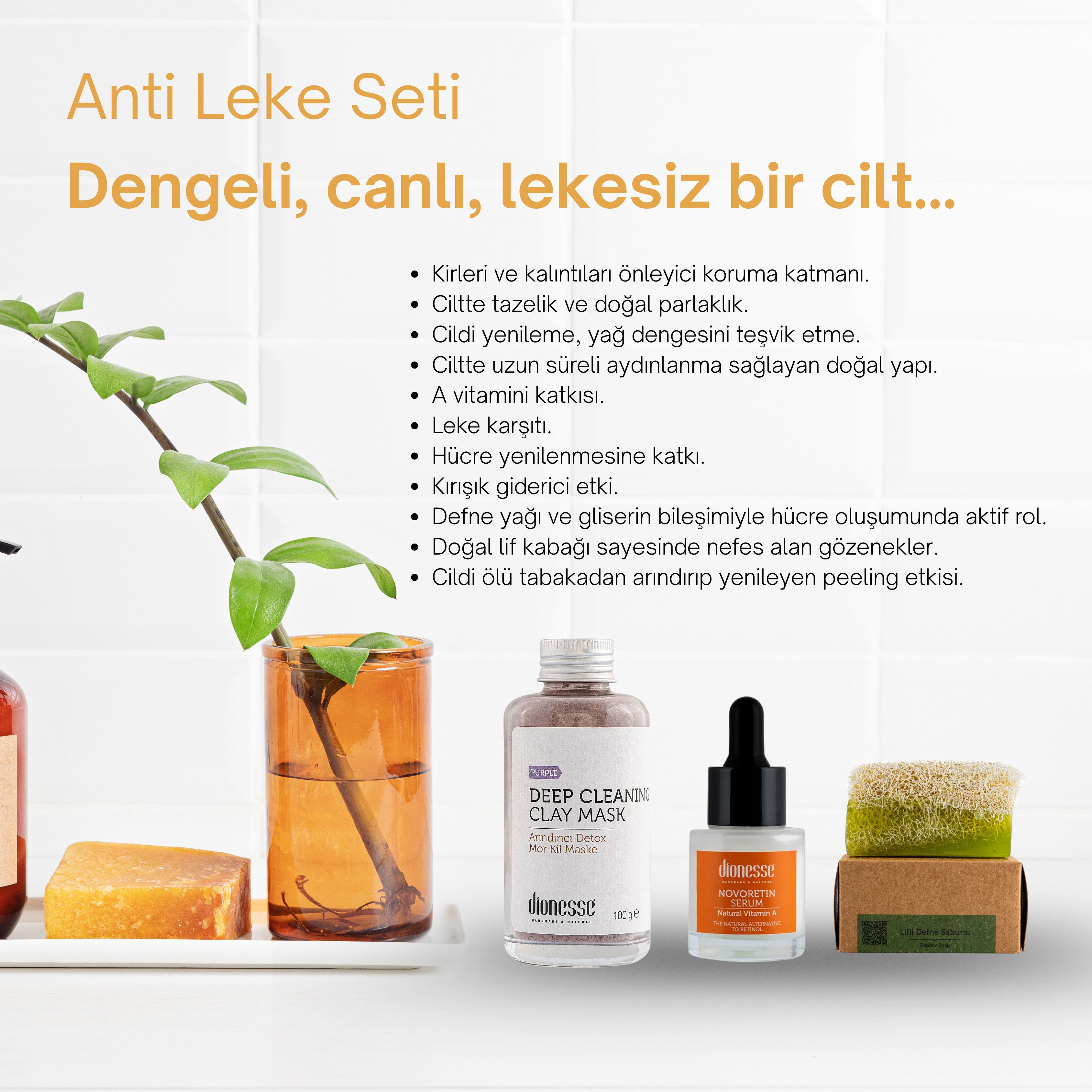 Leke Giderici Set - Mor Kil Maske, Novoretin Leke Giderici Serum ve Kabak Lifli Defne Sabunu | Cilt Lekesi, Kırışıklık ve Akne Karşıtı Bakım