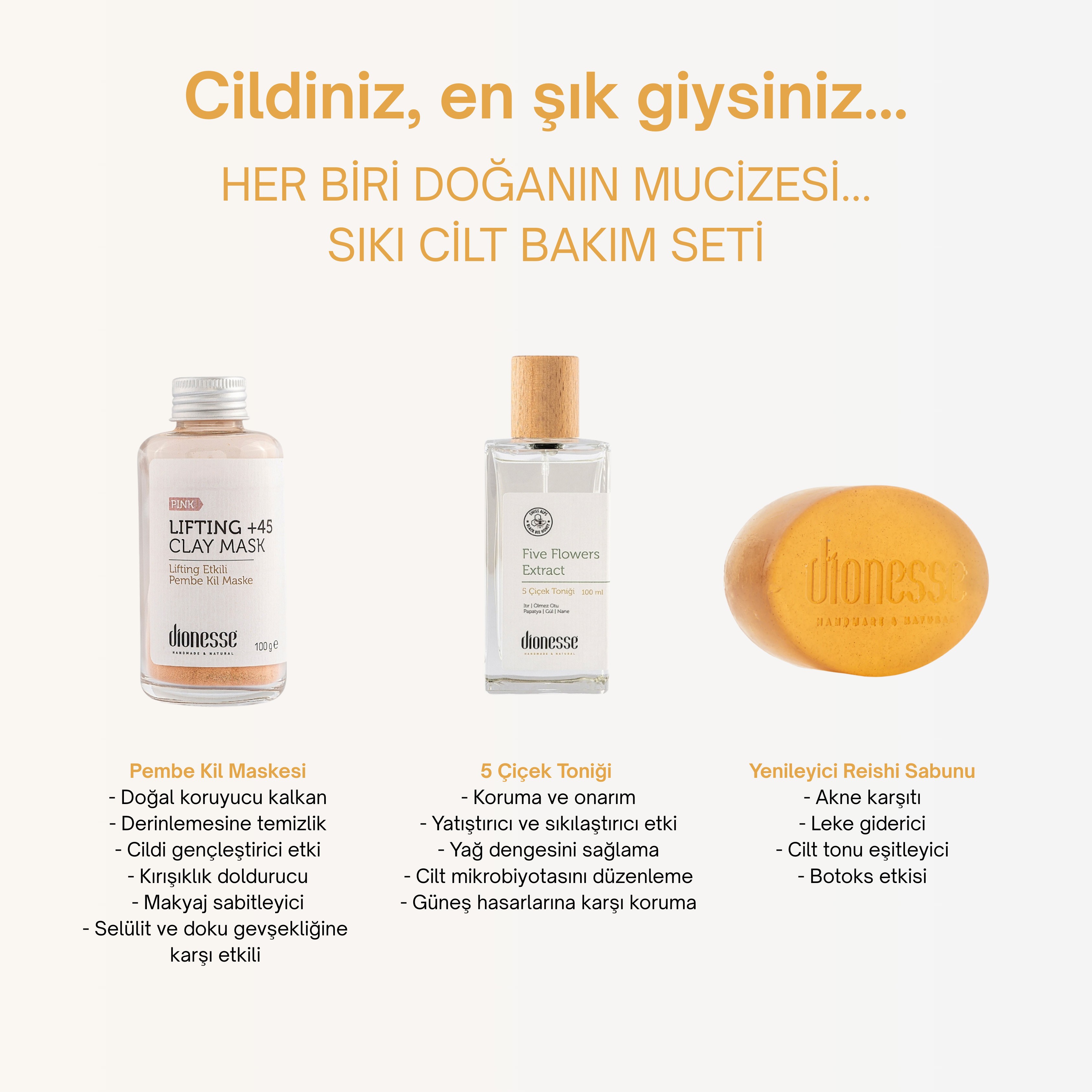 Cilt Sıkılaştırıcı Set - Pembe Kil Maske, 5 Çiçek Tonik ve Yenileyici Reishi Sabunu ile Sıkılaştırıcı Cilt Bakımı