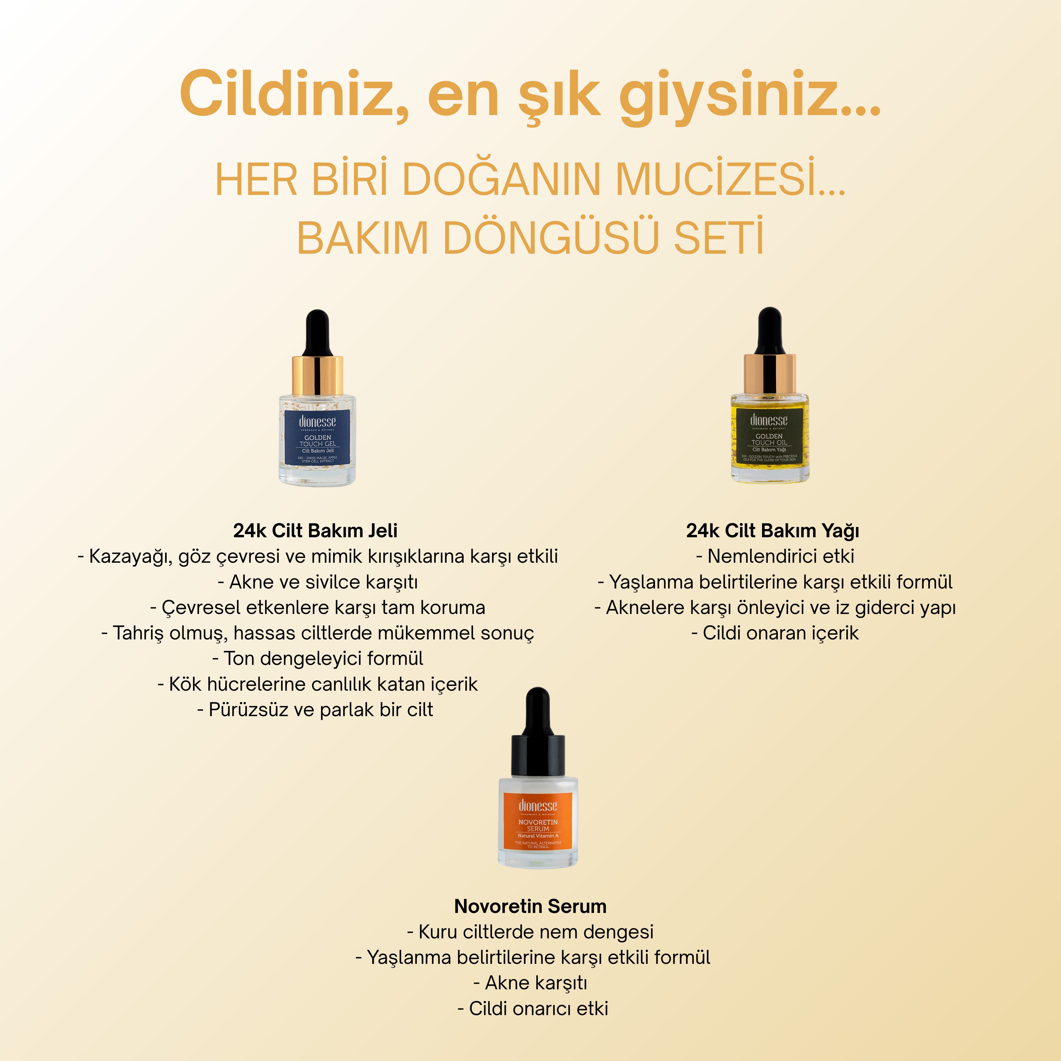 Cilt Bakım Döngüsü Seti | 24K Cilt Serumu, Altın Cilt Bakım Yağı, Novoretin Cilt Aydınlatıcı Serum, 5 Çiçek Tonik, Reishi Mantarı Sabunu