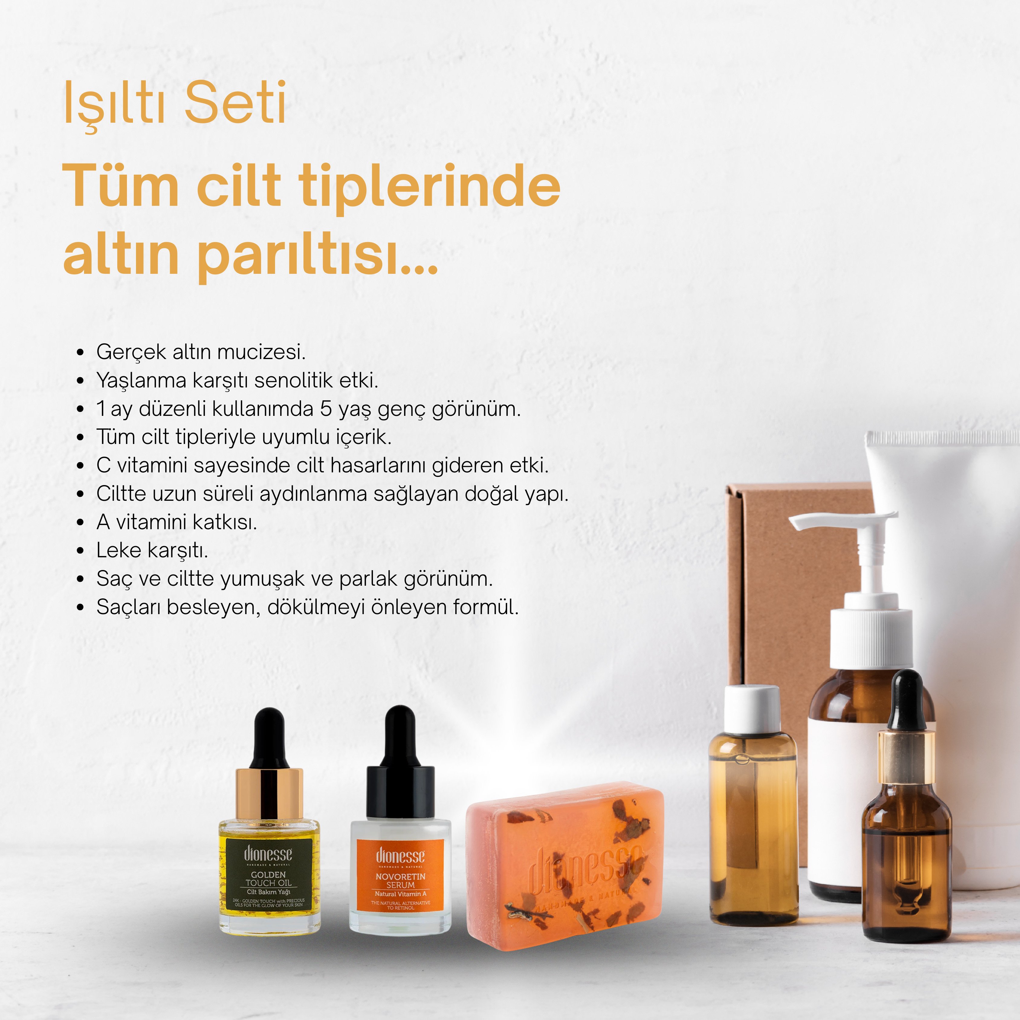 Işıltı Seti - 24K Cilt Bakım Yağı, Cilt Aydınlatıcı Serum ve Katı Leylak Sabunu ile Yaşlanma Karşıtı ve Cilt Aydınlatıcı Bakım