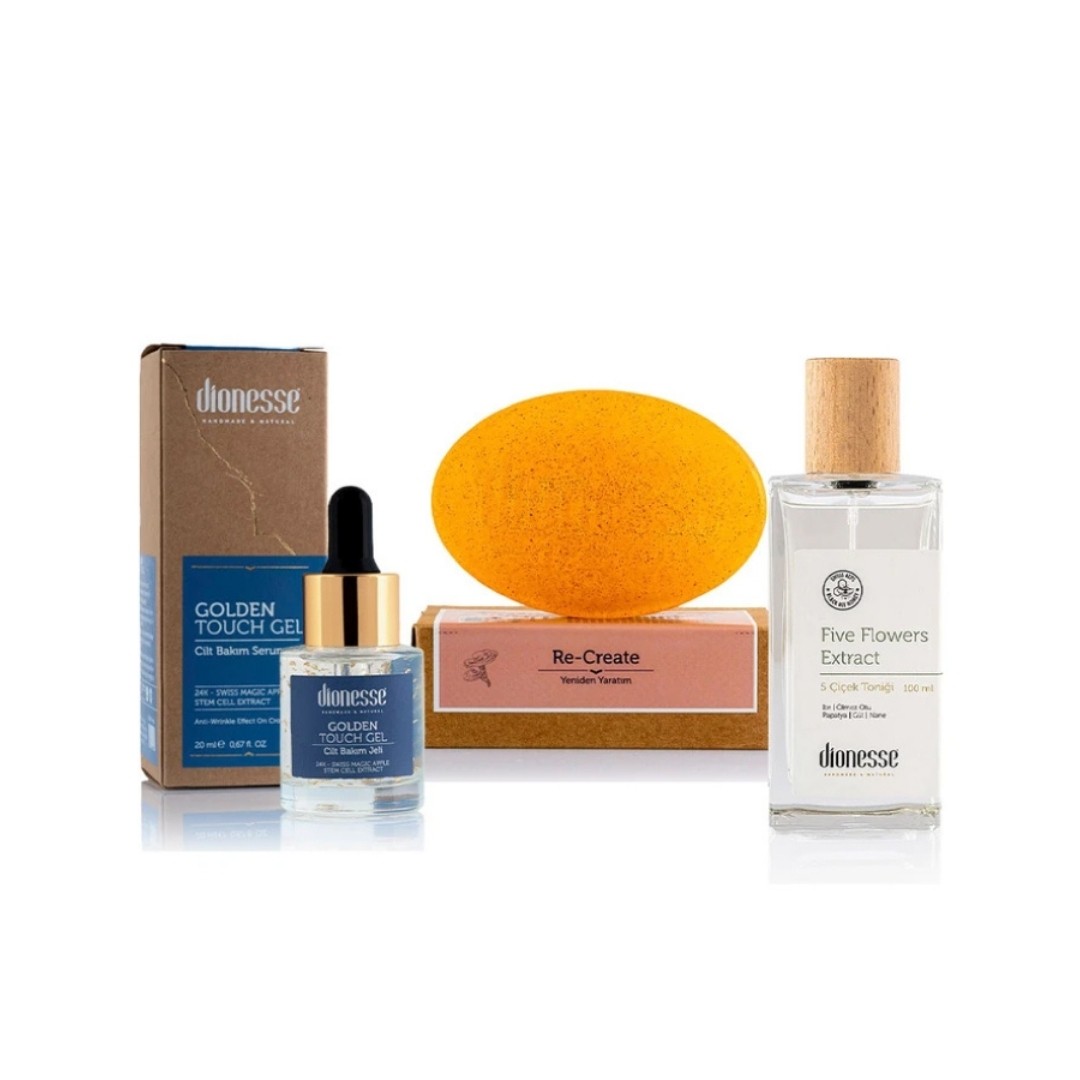 Kırışıklık Giderici Set - 24K Altın Cilt Bakım Jeli, 5 Çiçek Tonik ve Yenileyici Reishi Sabunu - Cilt Gençleştirme, Leke Karşıtı, Anti-Aging Bakım