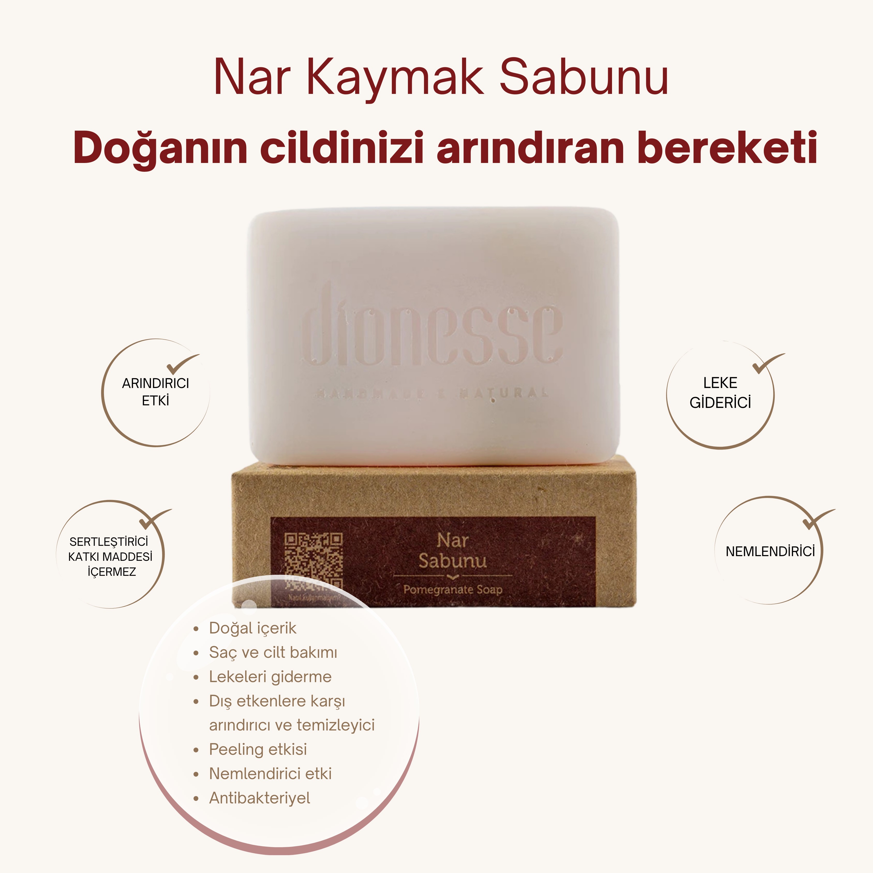 Doğal Nar Kaymak Sabunu 120 gr - Cilt Lekeleri Giderici, Peeling Etkili Cilt Bakım Sabunu