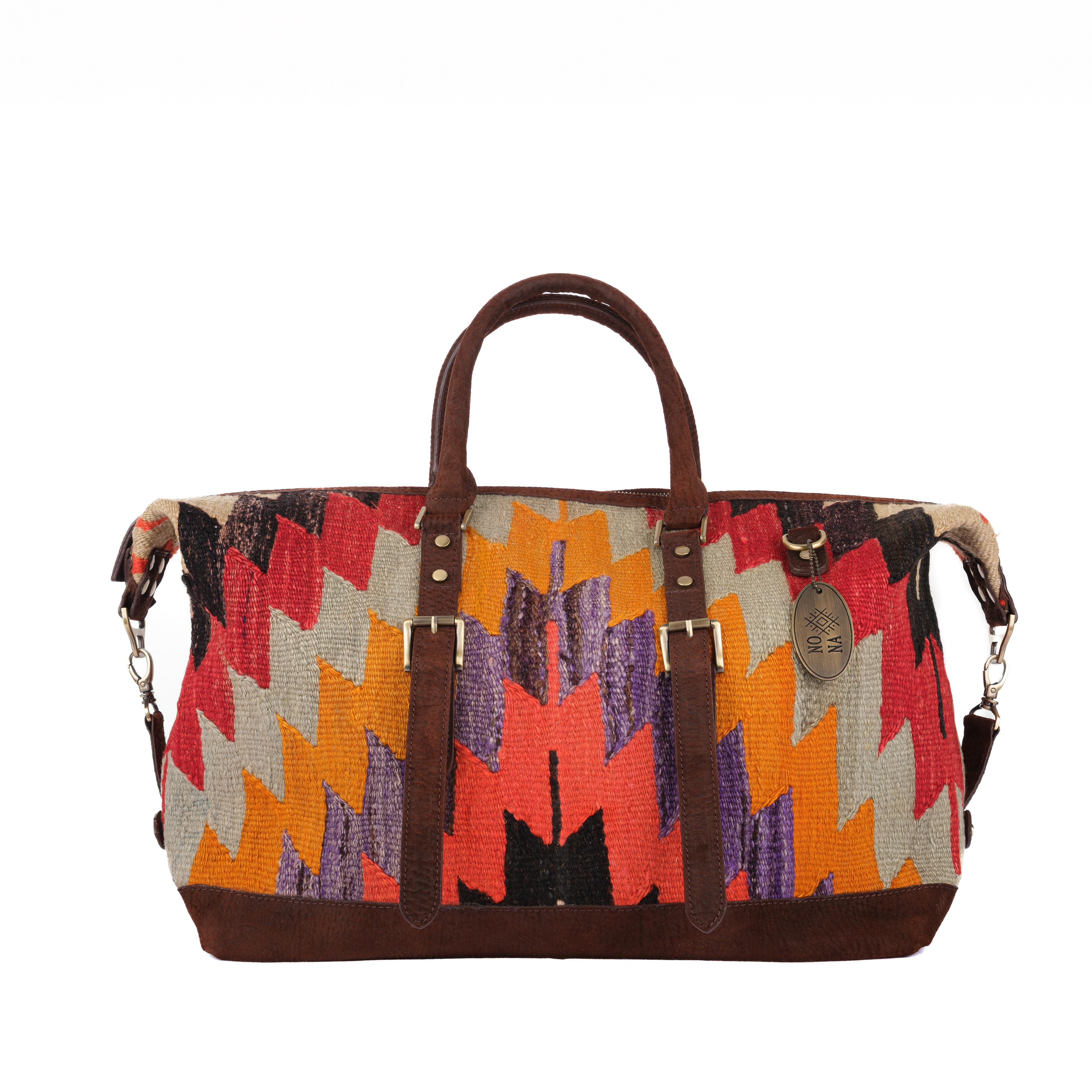 TheNonaStore Dream Handmade Weekender Boho Bag, Antique Kilim Leather Bag