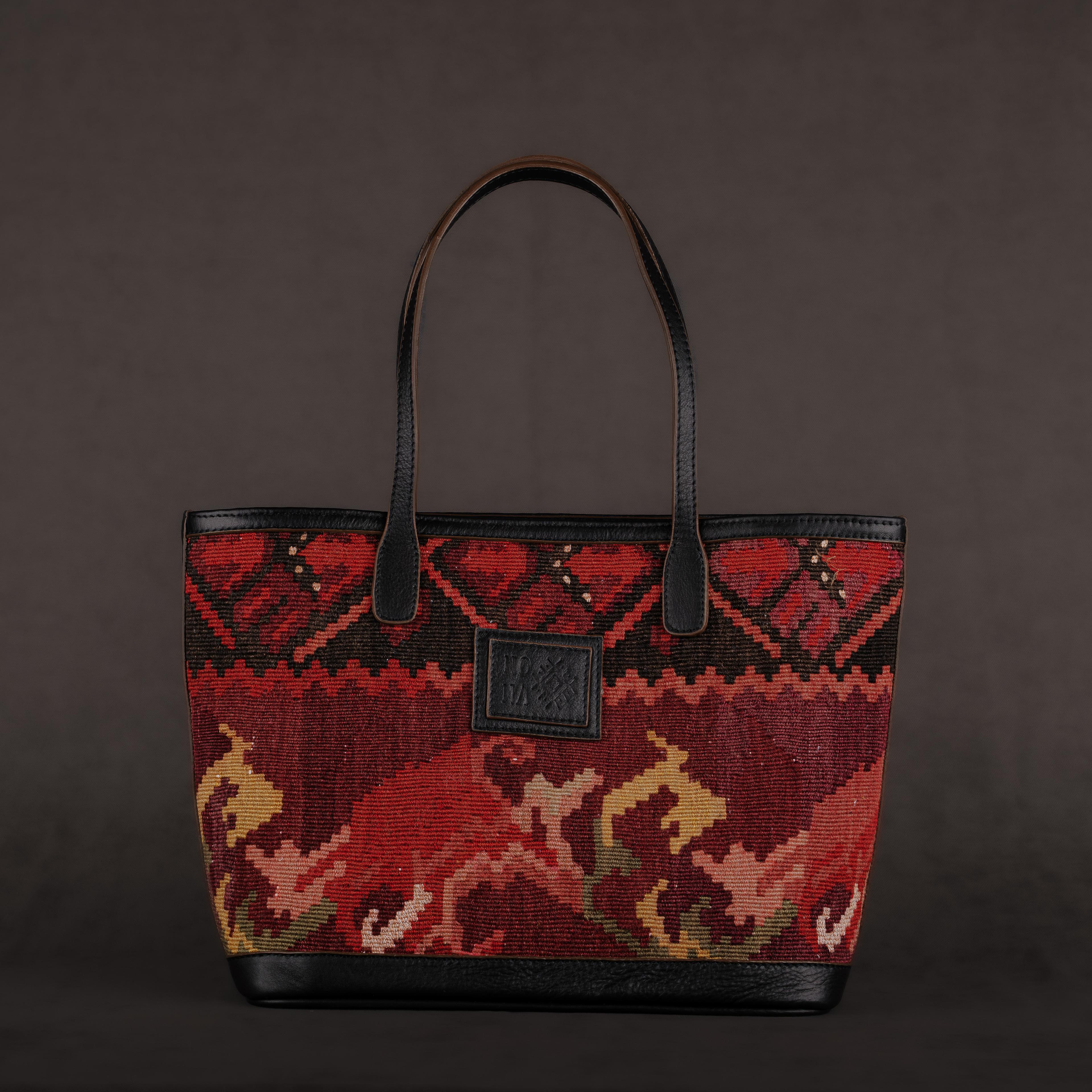 Flames Medium Tote Bag, Handmade Antique Kilim Boho Bag