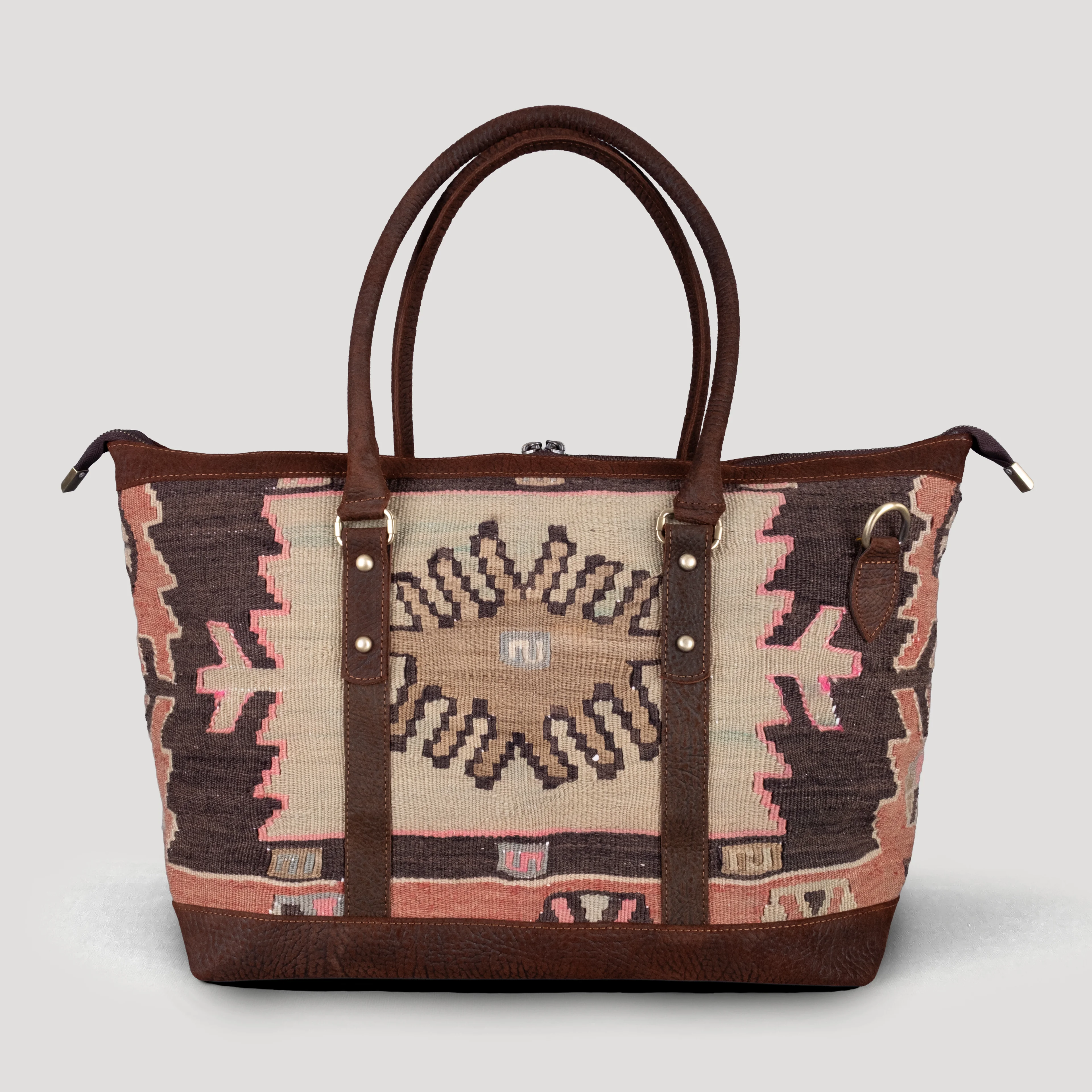 Oba Uzun Sap Weekender El Yapımı Boho Çanta, Antika Kilim Unisex Duffel Çanta