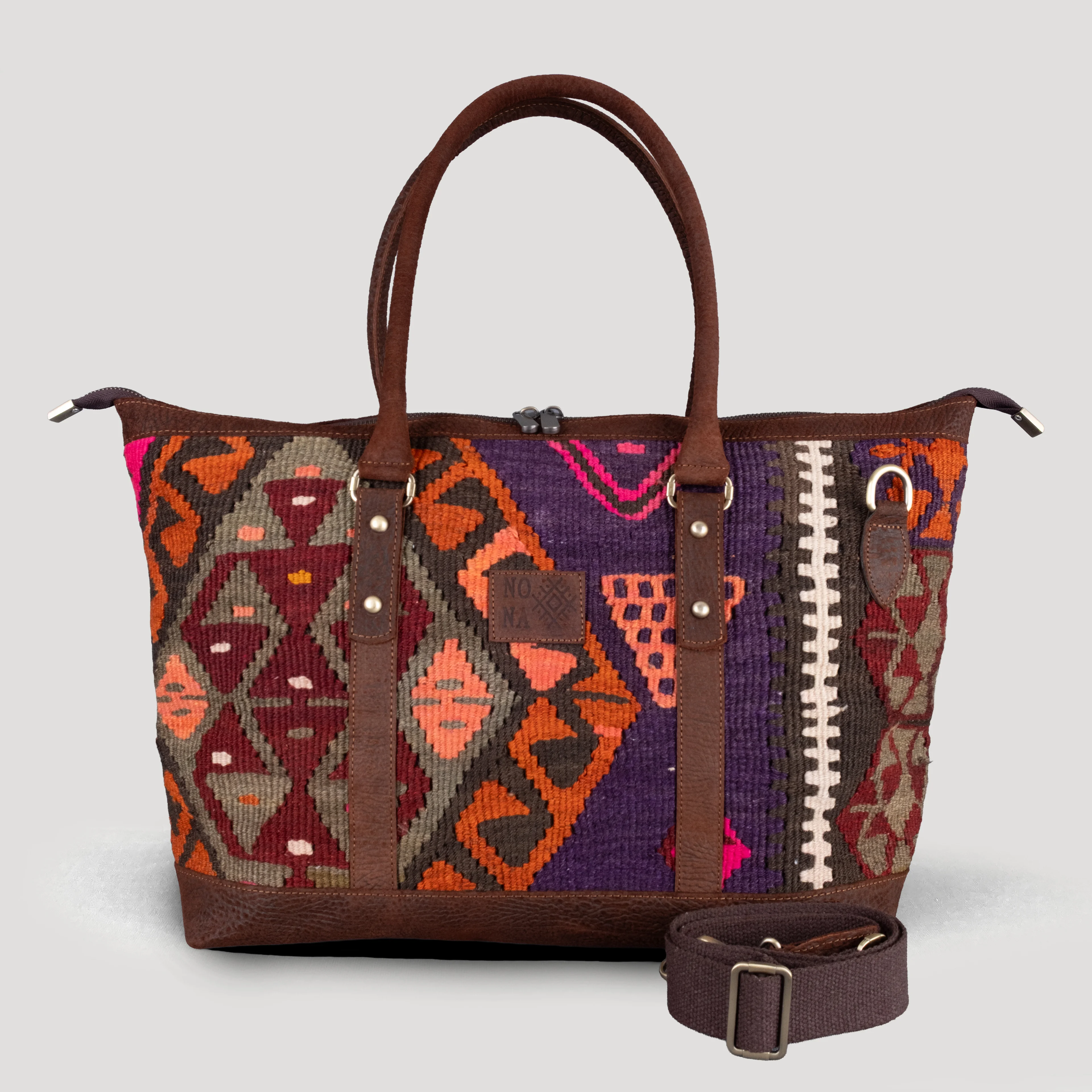 Royal Uzun Sap Weekender El Yapımı Boho Çanta, Antika Kilim Unisex Duffel Çanta