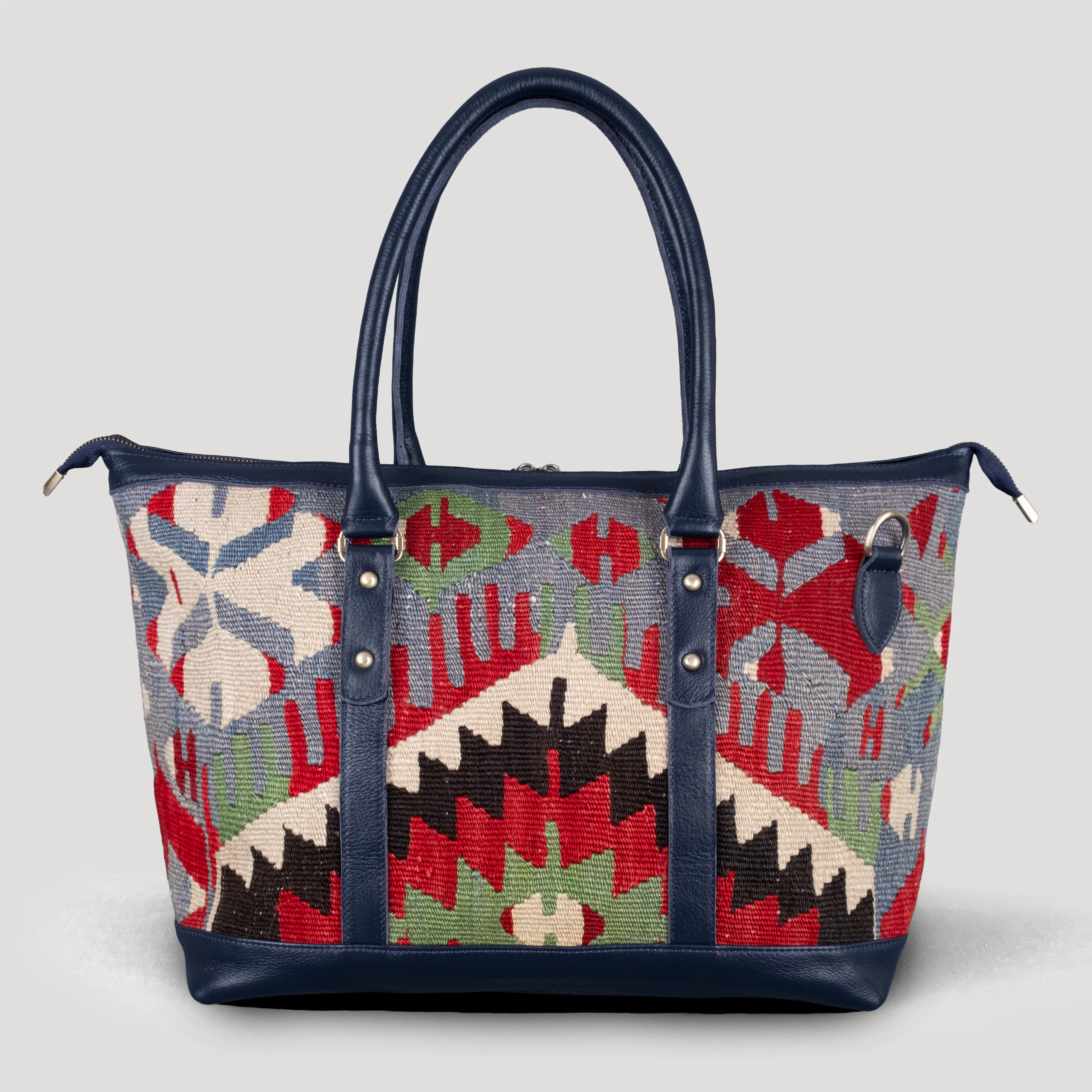 Felicia Uzun Sap Weekender El Yapımı Boho Çanta, Antika Kilim Unisex Duffel Çanta