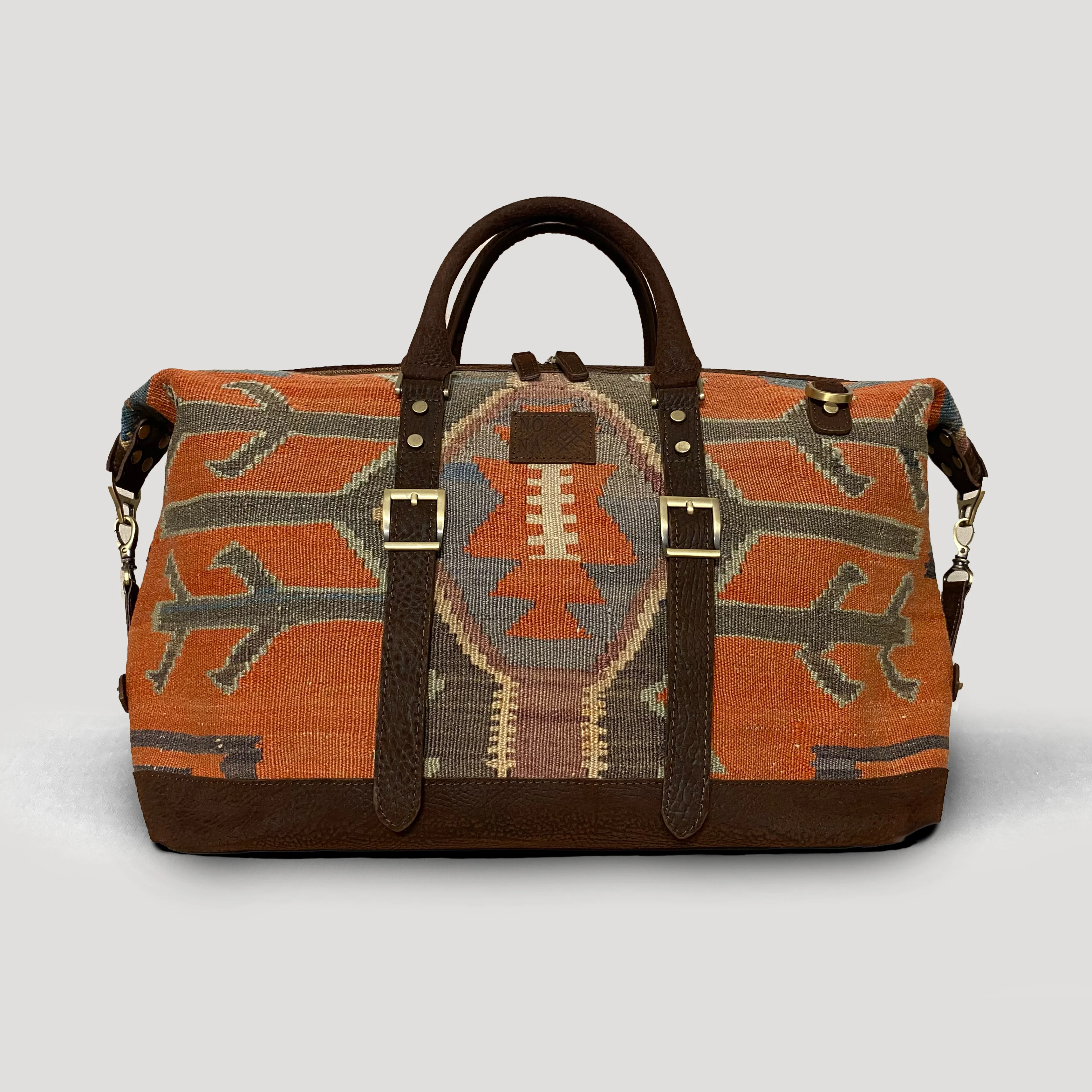 Roots Boho Duffel Bag, Handmade Antique Kilim Leather Weekender Bag
