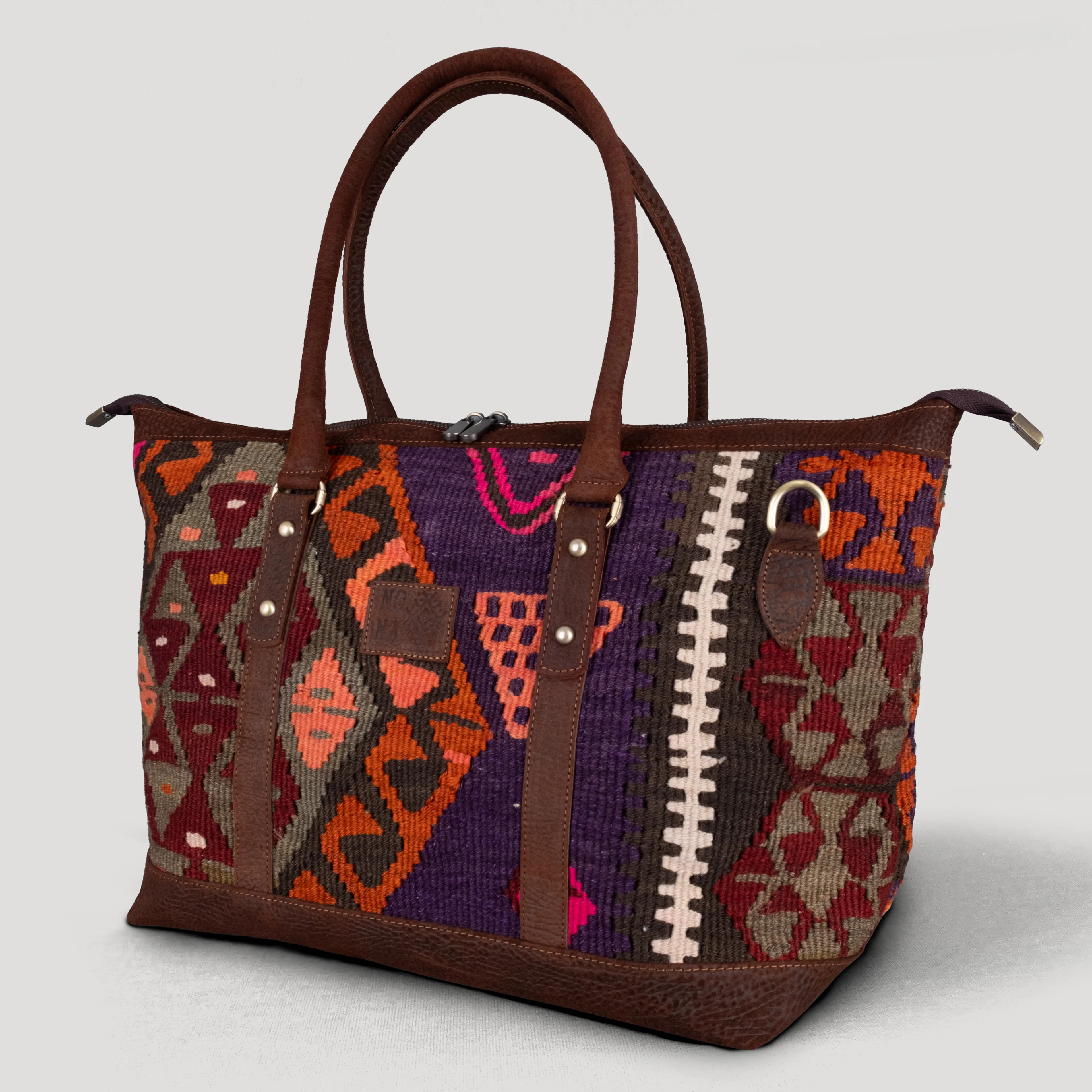 Royal Uzun Sap Weekender El Yapımı Boho Çanta, Antika Kilim Unisex Duffel Çanta