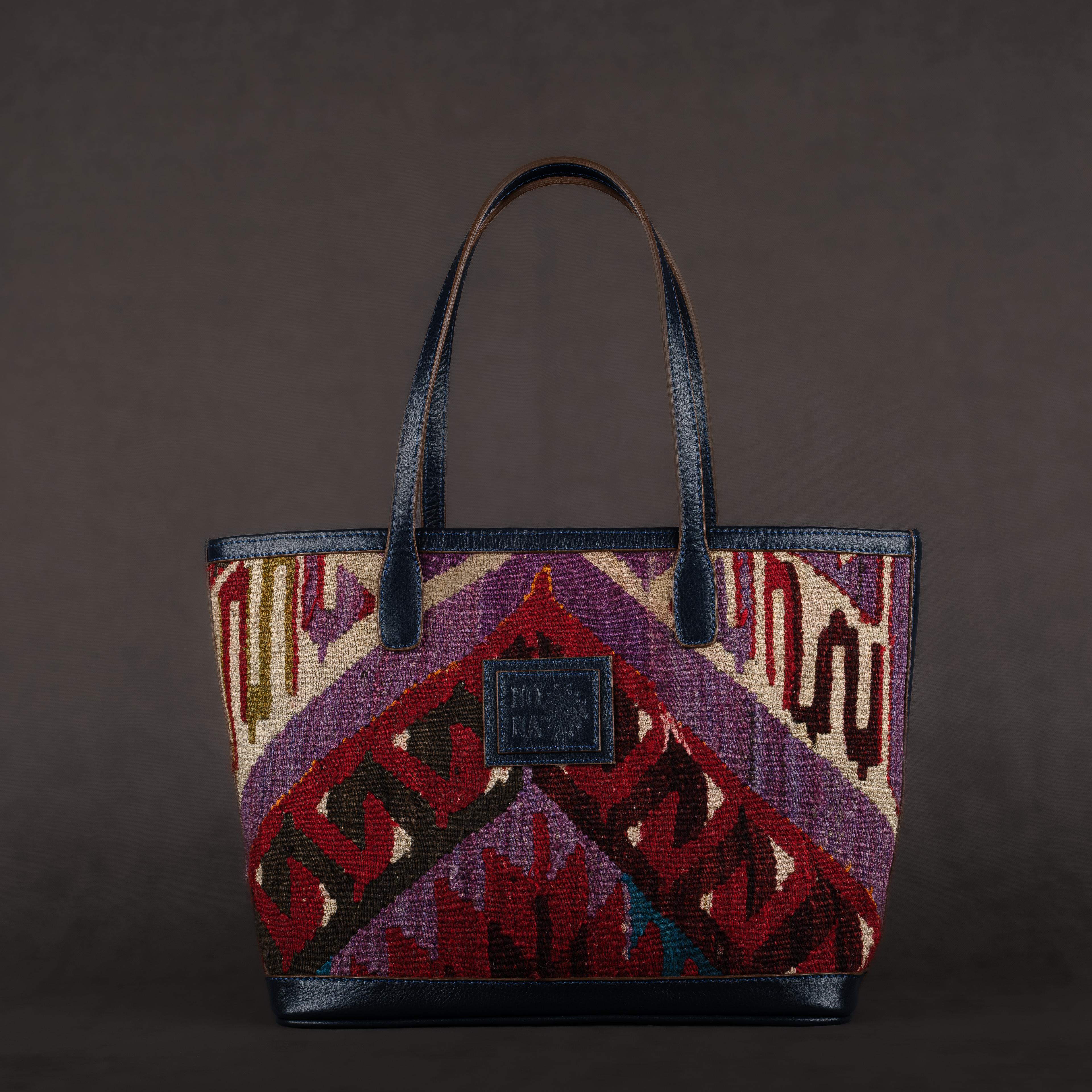 Mürdüm Medium Tote Bag, Handmade Antique Kilim Boho Bag