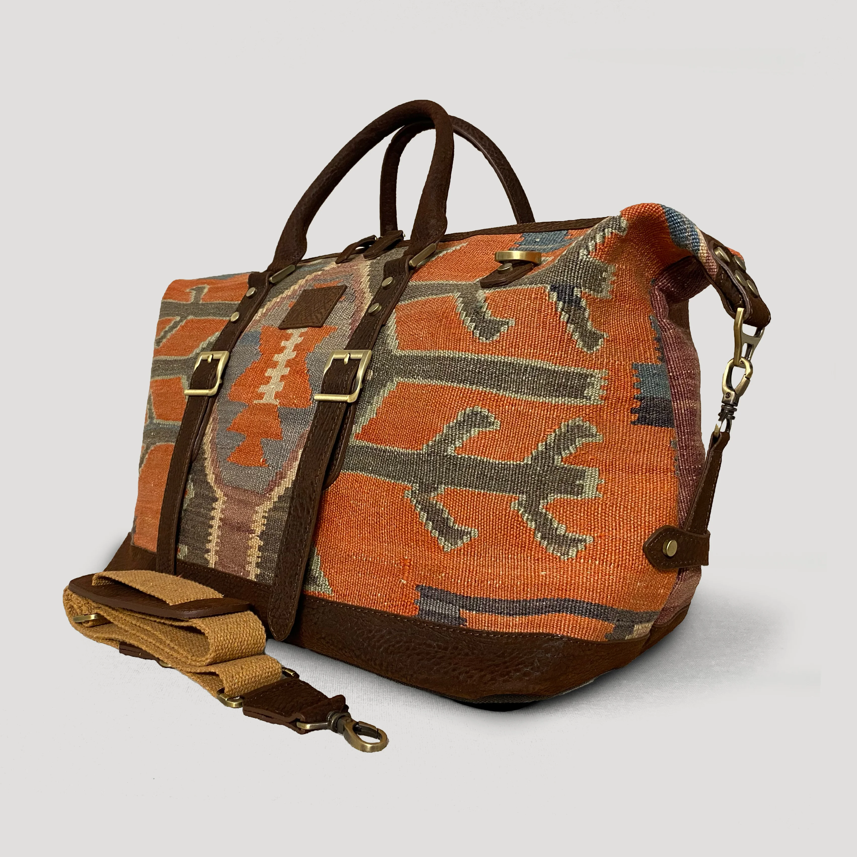 Roots Boho Duffel Bag, Handmade Antique Kilim Leather Weekender Bag