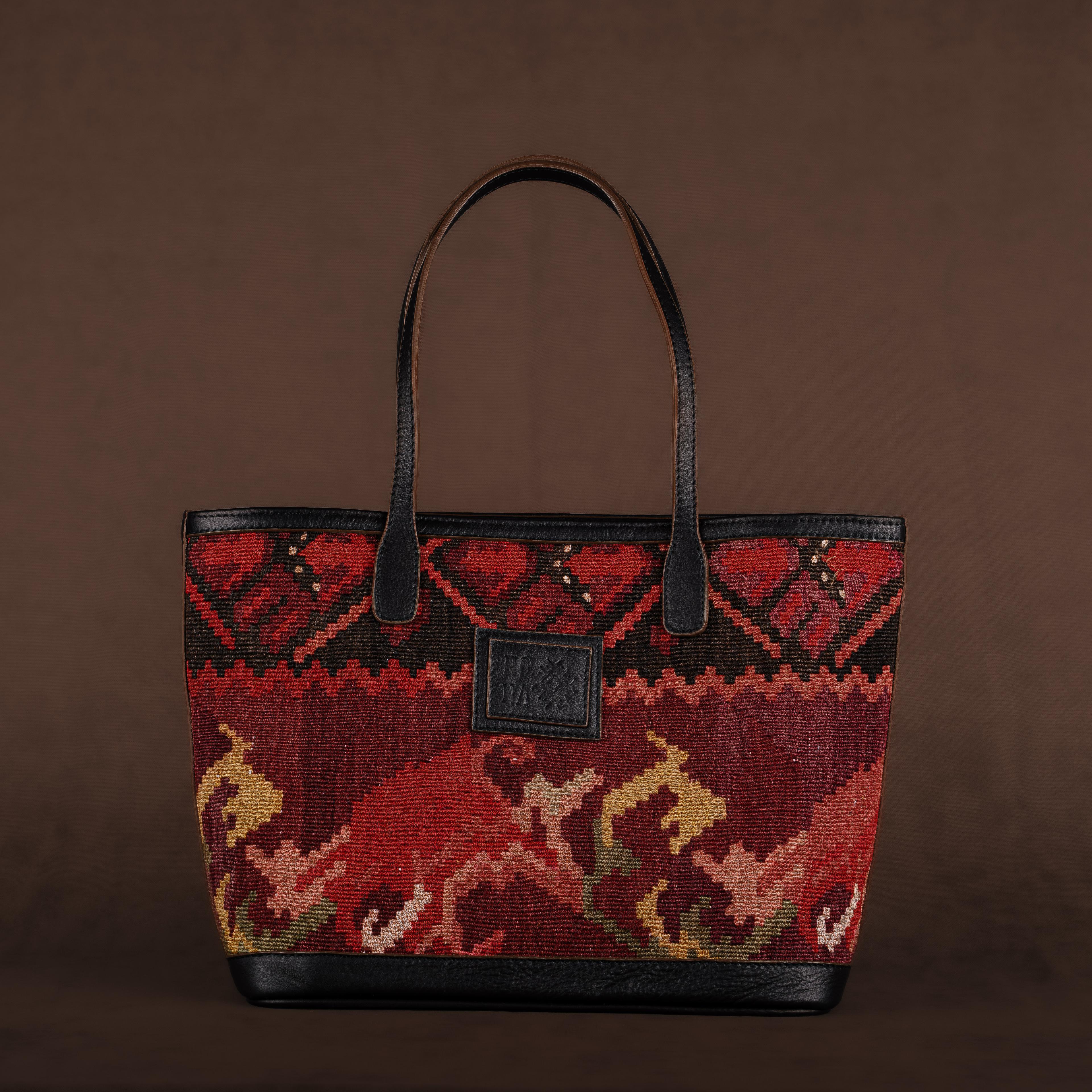 Flames Medium Tote Bag, Handmade Antique Kilim Boho Bag