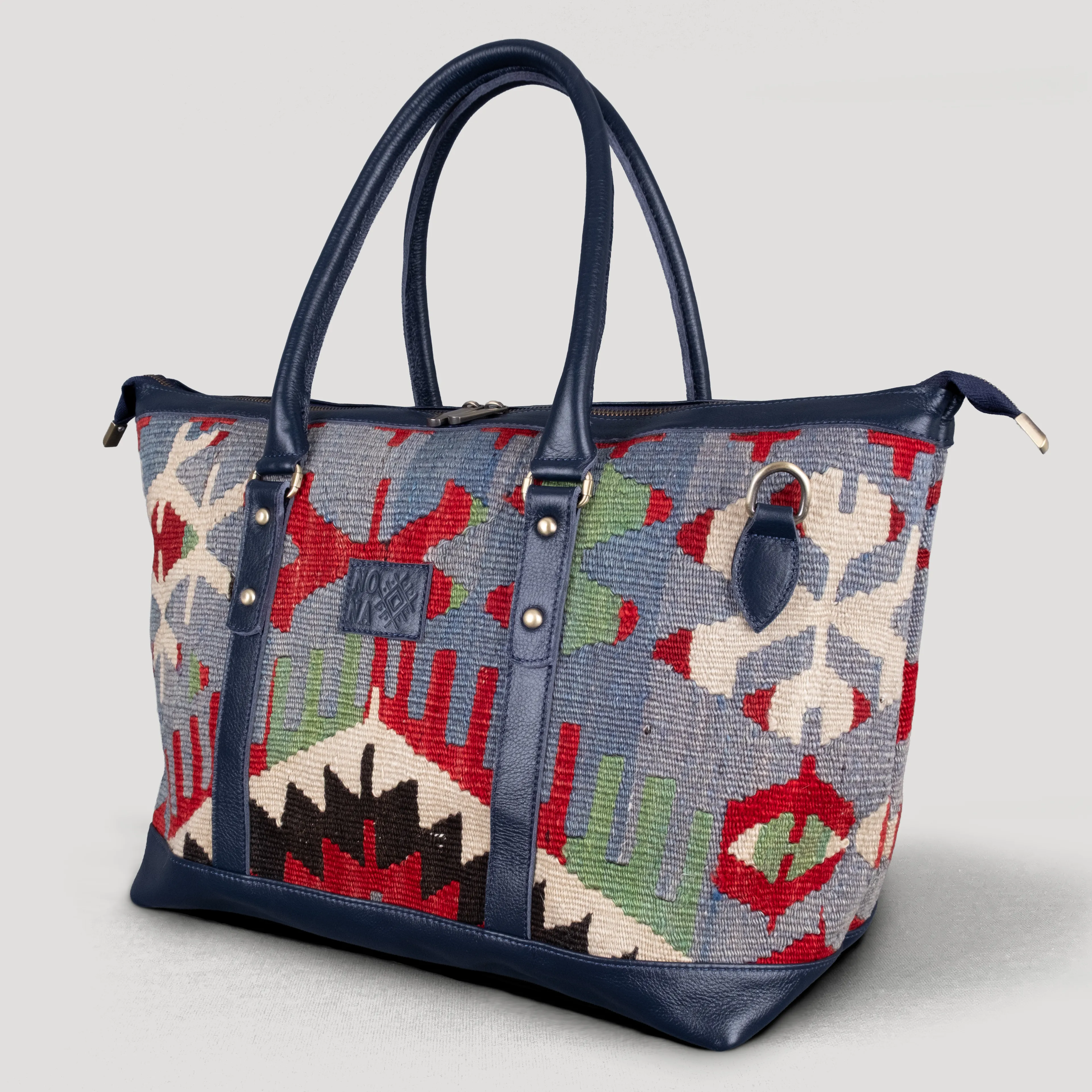 Felicia Uzun Sap Weekender El Yapımı Boho Çanta, Antika Kilim Unisex Duffel Çanta