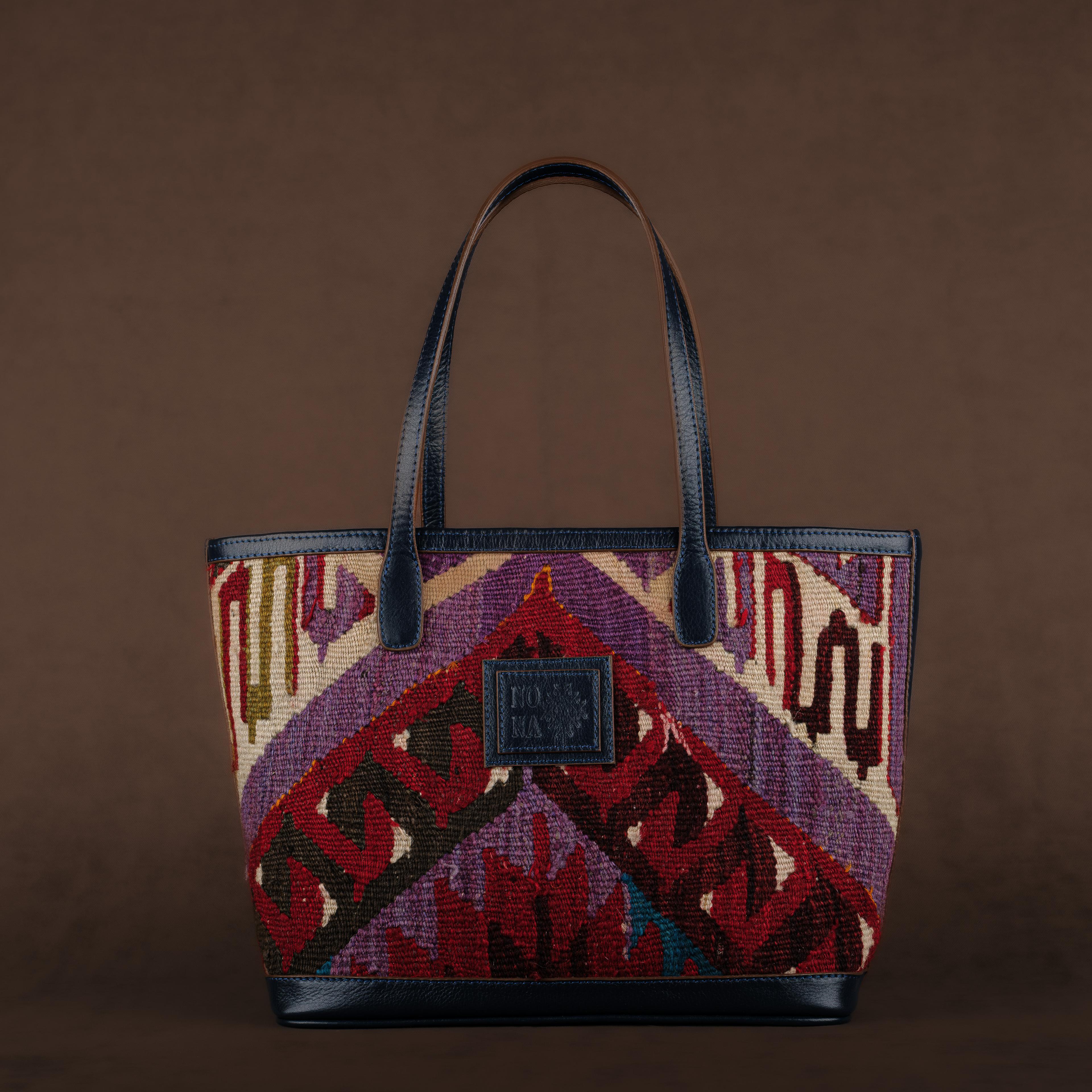 Mürdüm Medium Tote Bag, Handmade Antique Kilim Boho Bag