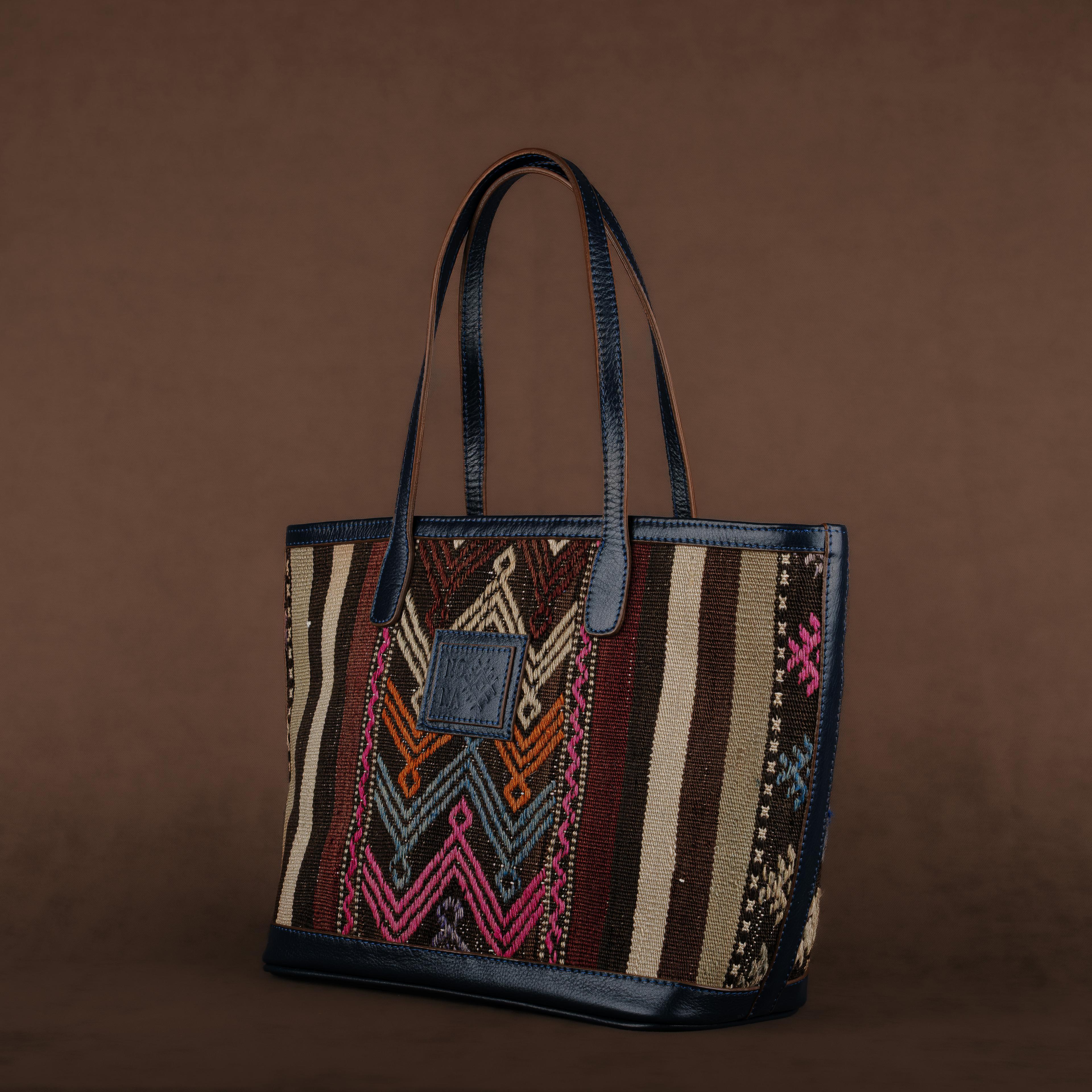 Waves TheNonaStore Tote Çanta, El Yapımı Antika Kilim Boho Çanta Midi