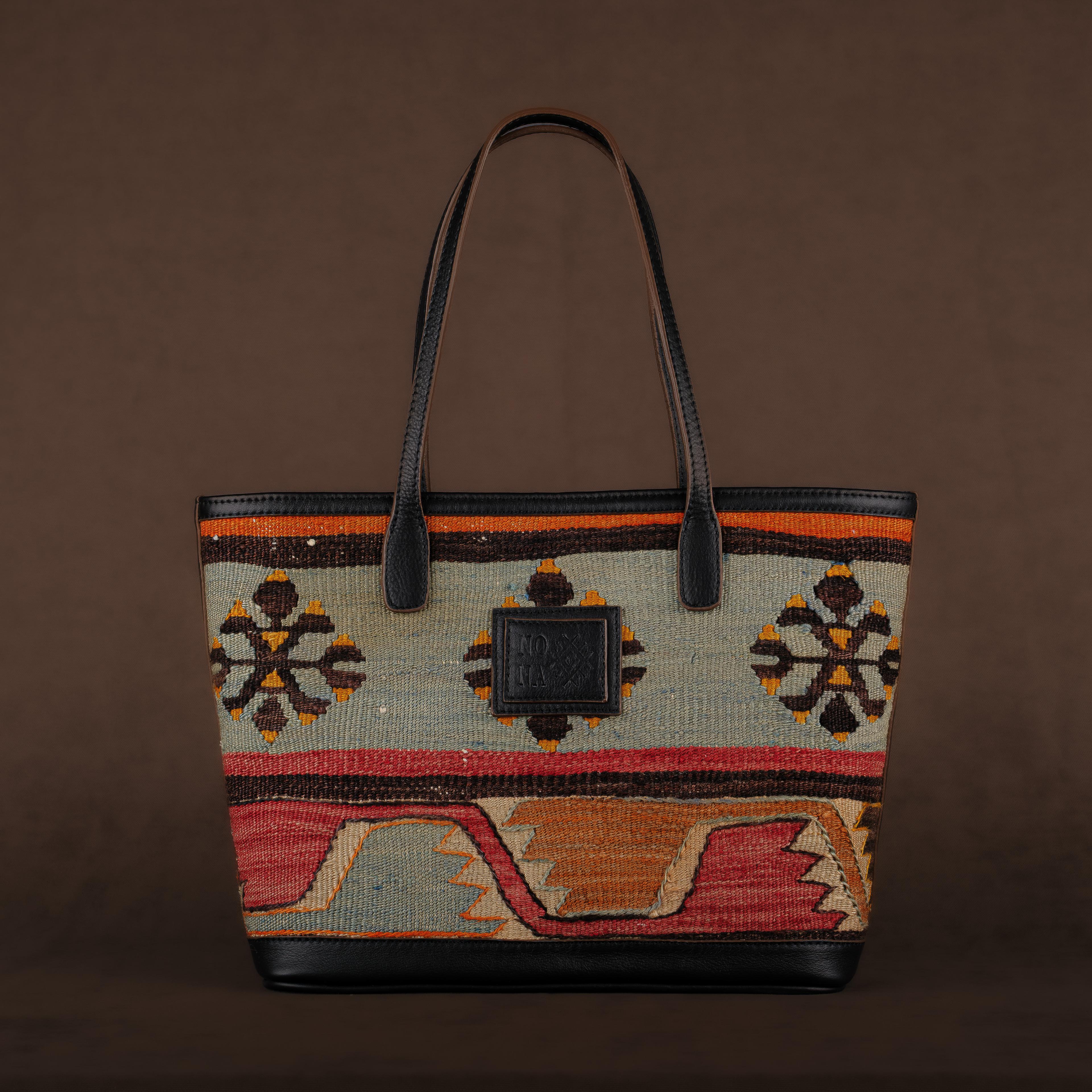 Grapefruit Medium Tote Bag, Handmade Antique Kilim Boho Bag
