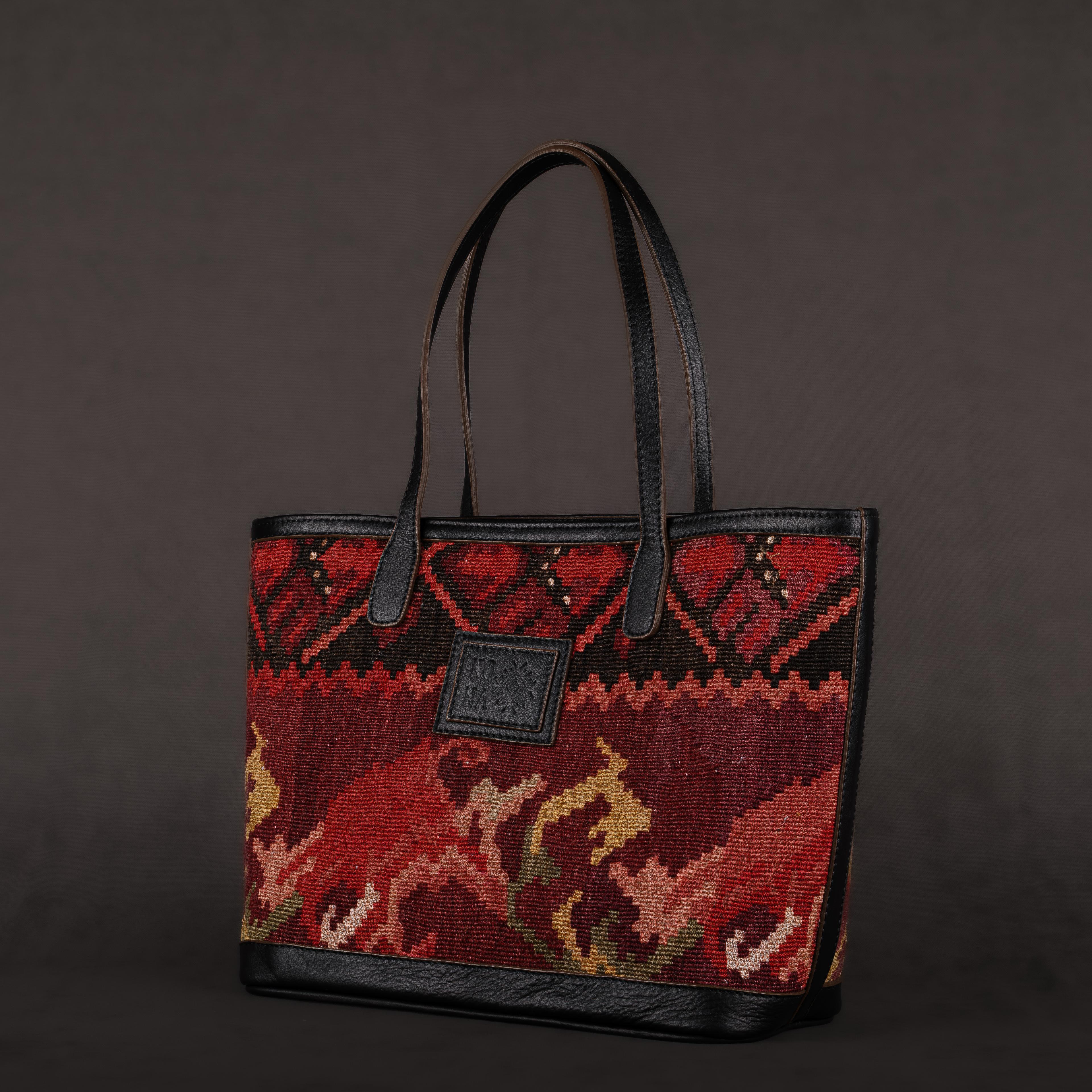 Flames Medium Tote Bag, Handmade Antique Kilim Boho Bag