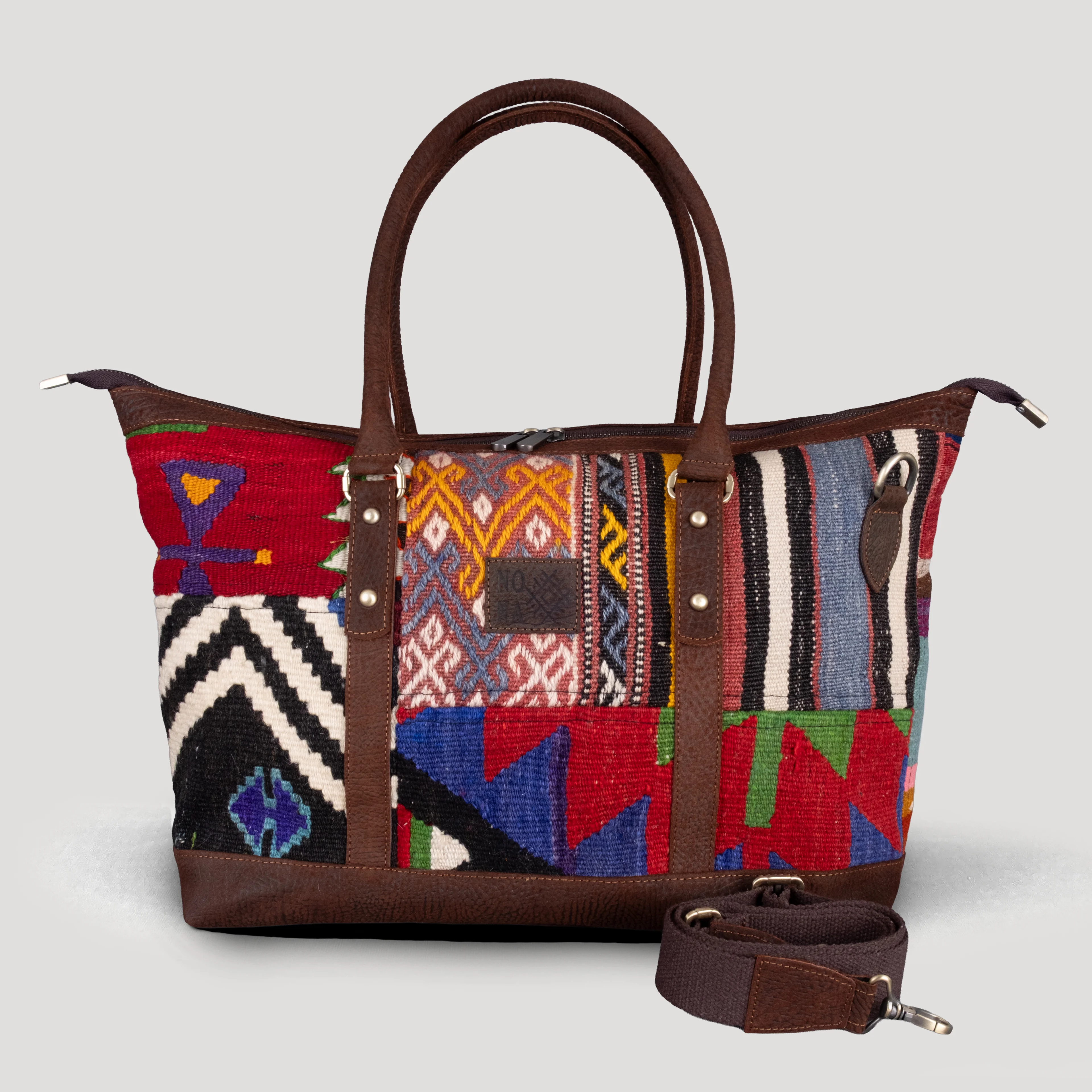 Yama 2 Uzun Sap Weekender El Yapımı Boho Çanta, Antika Kilim Unisex Duffel Çanta