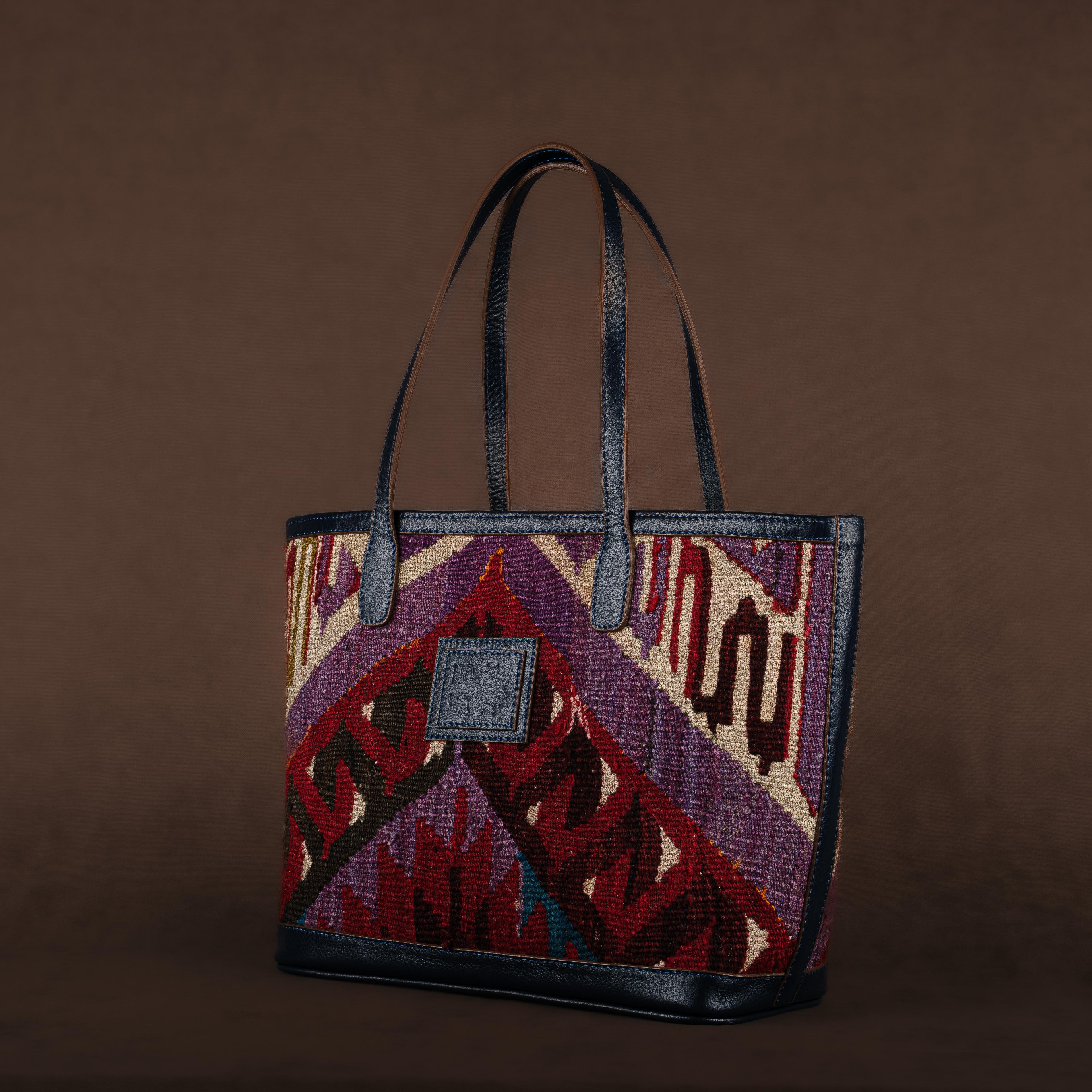 Mürdüm Medium Tote Bag, Handmade Antique Kilim Boho Bag
