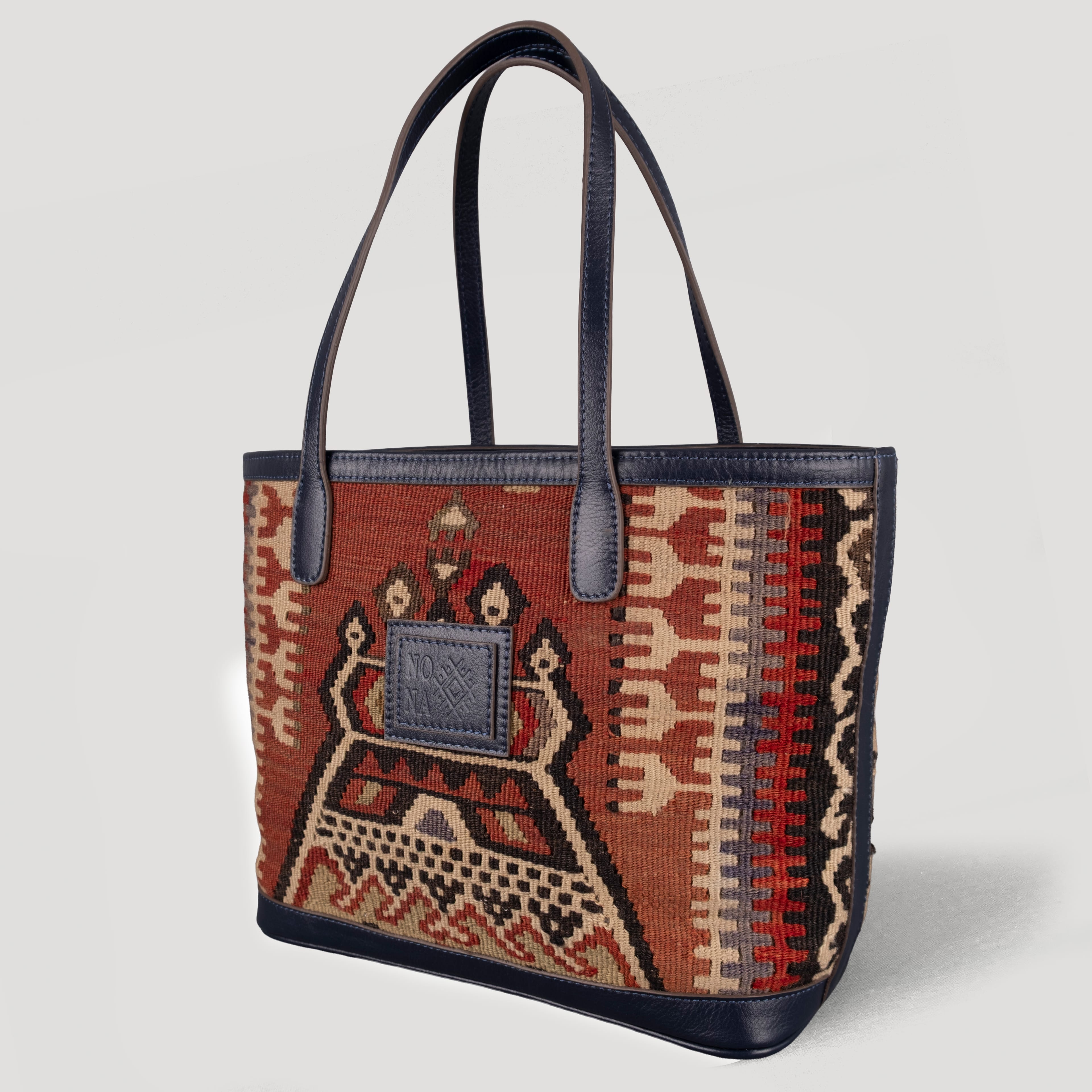 February TheNonaStore Tote Çanta, El Yapımı Antika Kilim Boho Çanta Midi