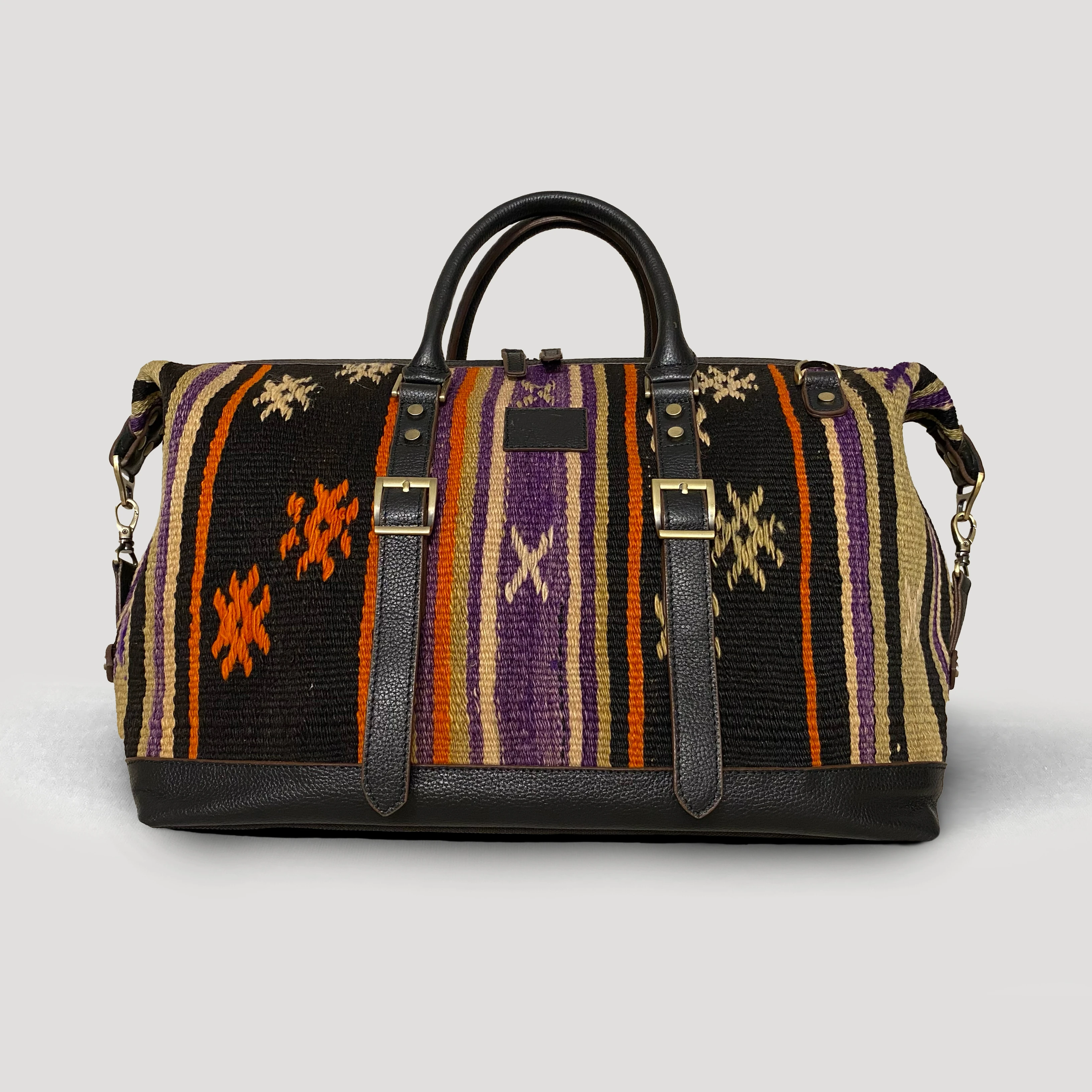 Yoruk Handmade Antique Kilim Leather Bag, Boho Duffel Bag