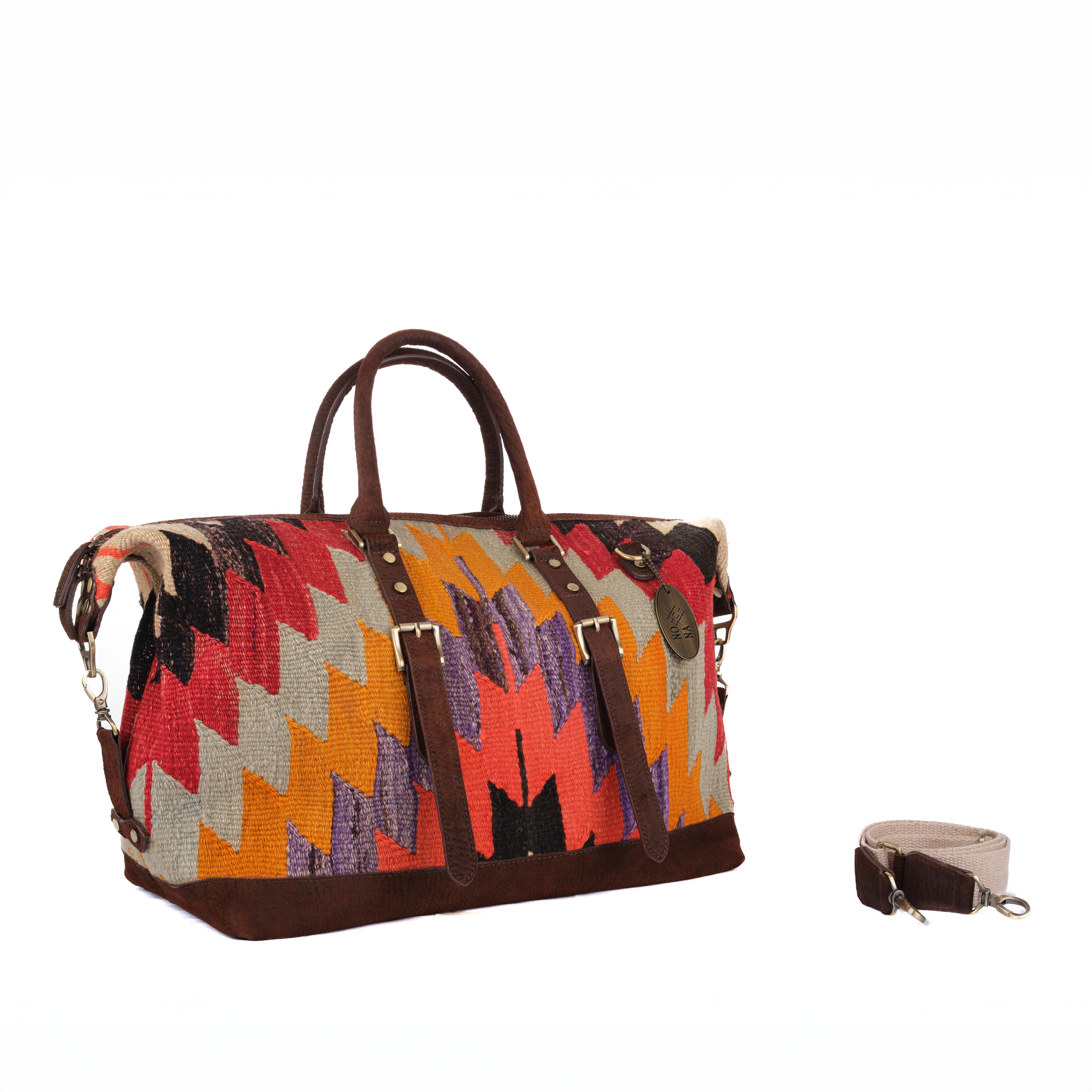 TheNonaStore Dream Handmade Weekender Boho Bag, Antique Kilim Leather Bag