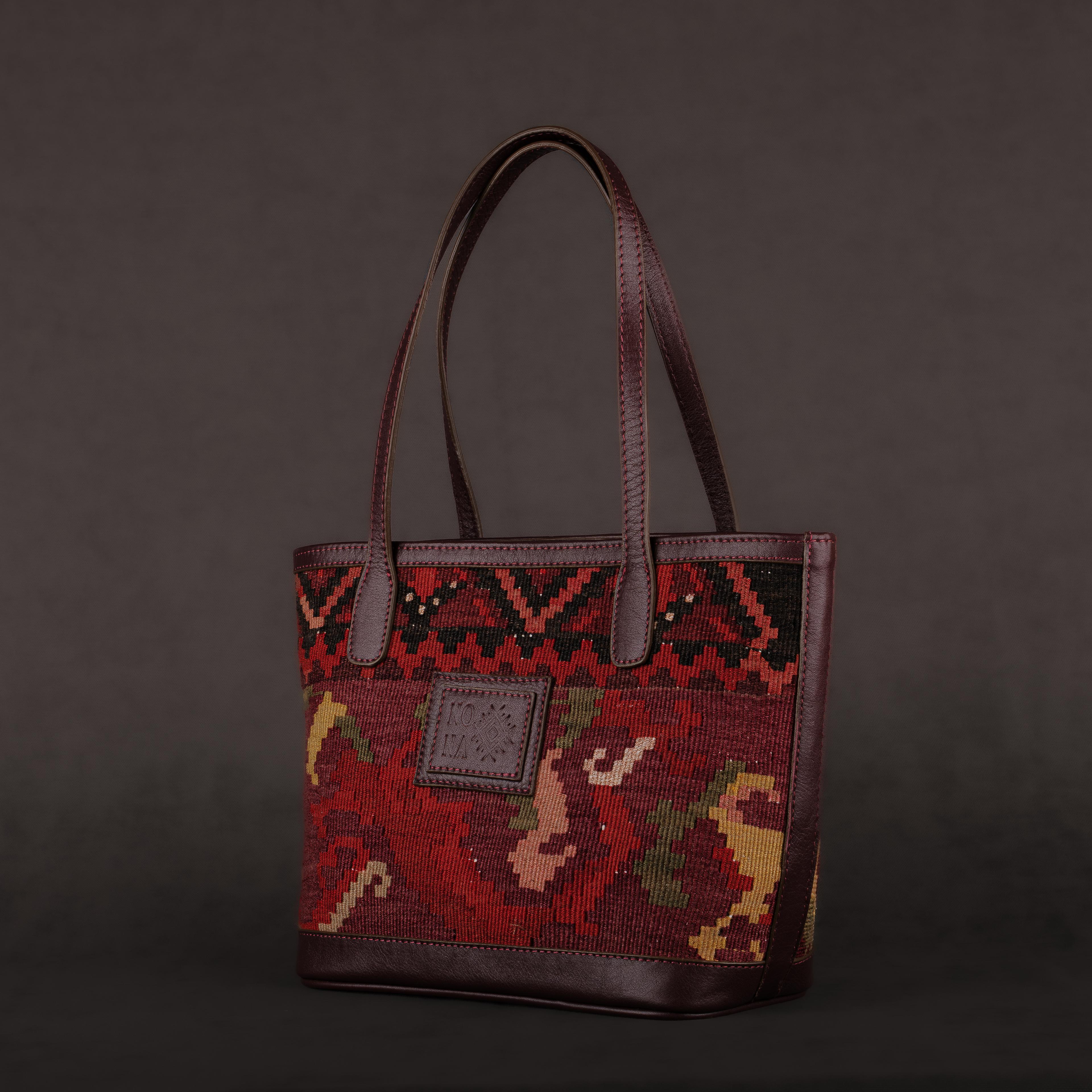 Fire Small Tote Bag, Handmade Antique Kilim Boho Bag