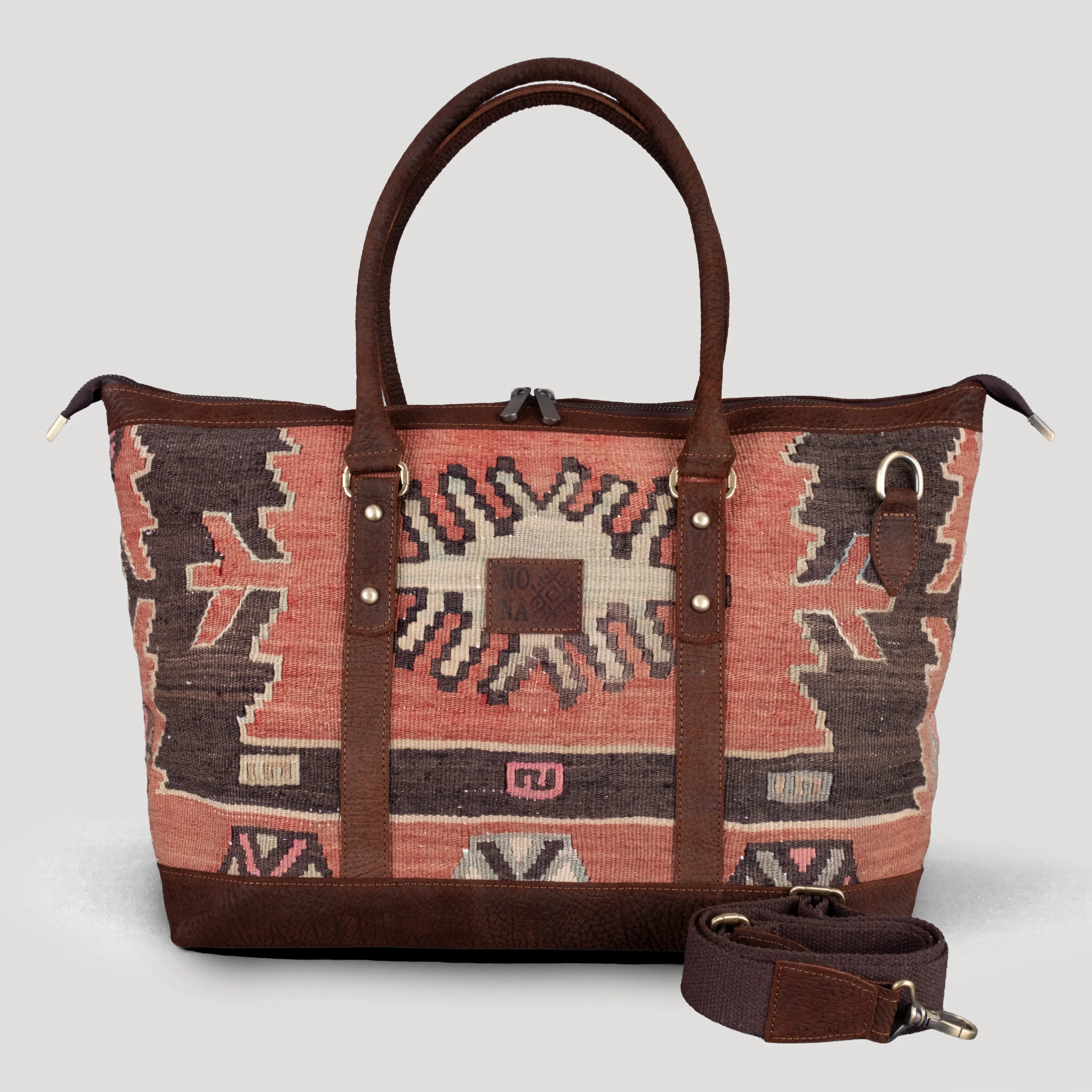Oba Uzun Sap Weekender El Yapımı Boho Çanta, Antika Kilim Unisex Duffel Çanta