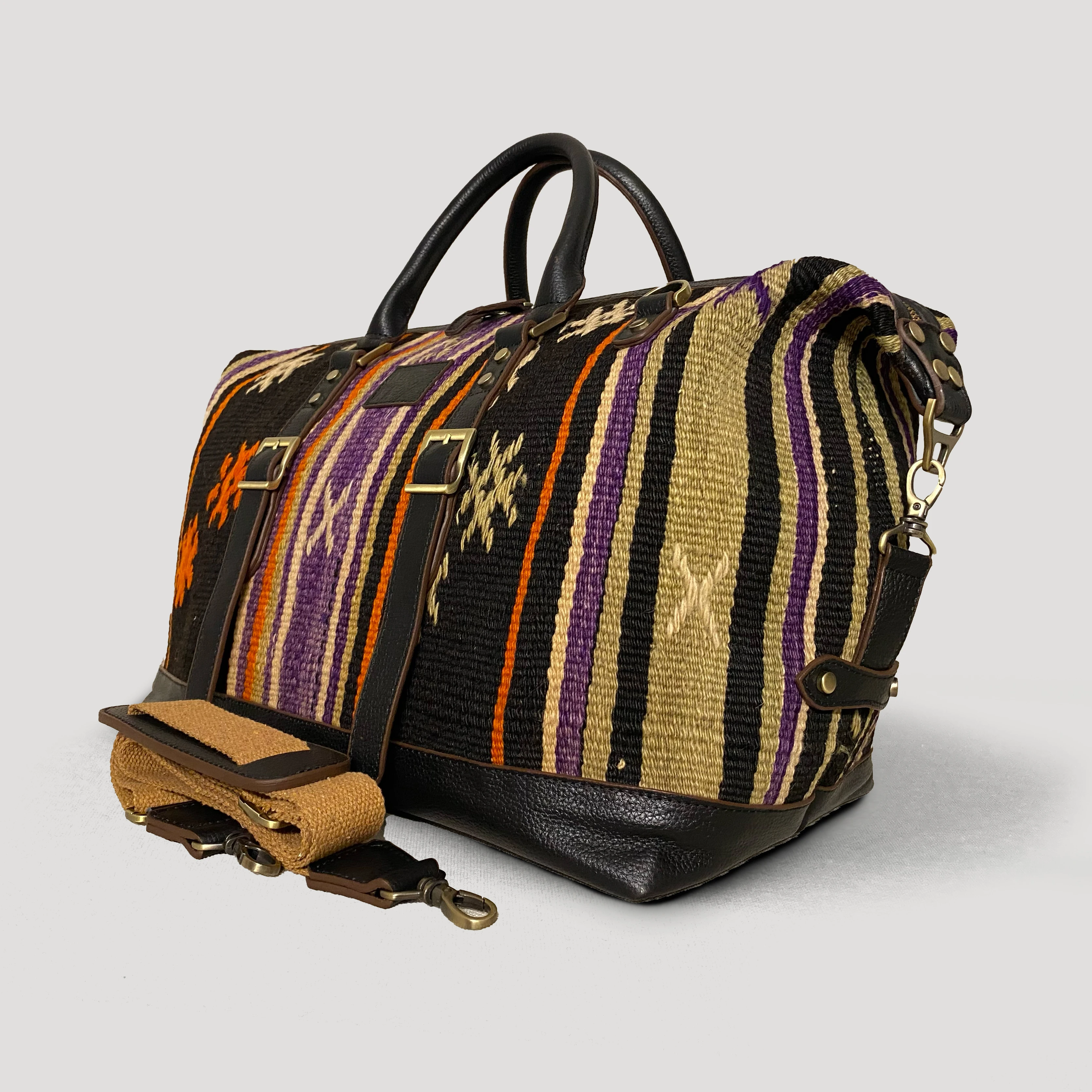 Yoruk Handmade Antique Kilim Leather Bag, Boho Duffel Bag