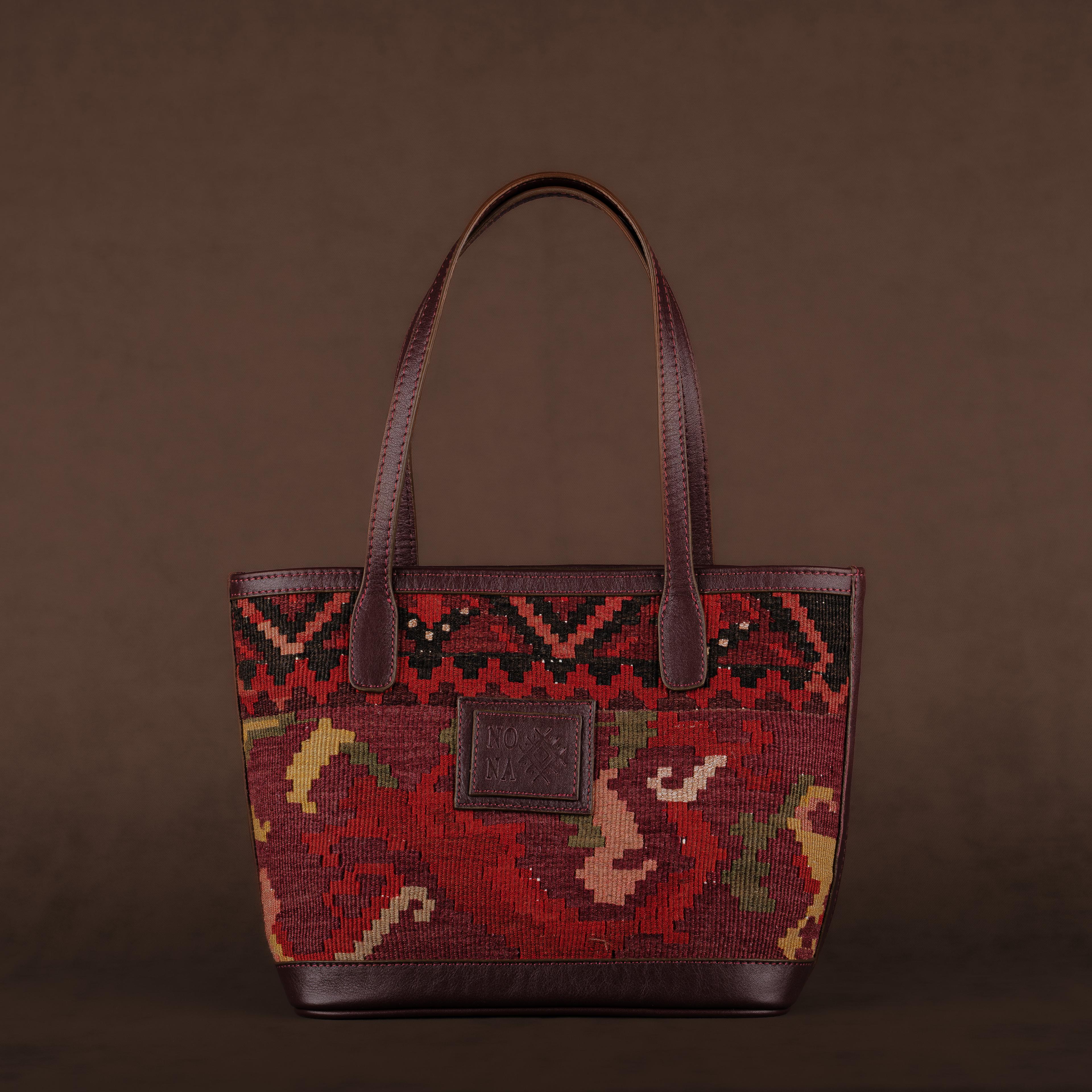 Fire Small Tote Bag, Handmade Antique Kilim Boho Bag