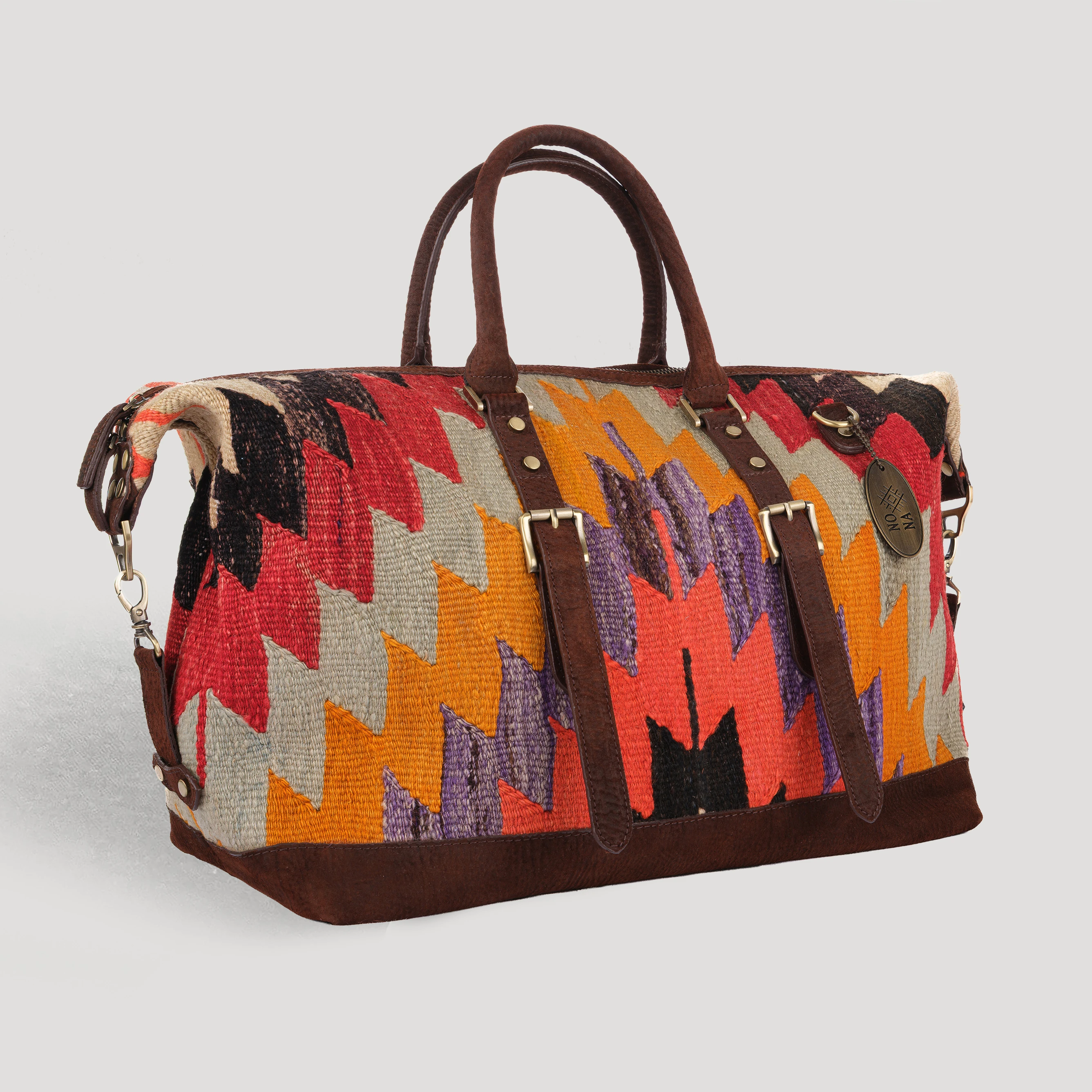 TheNonaStore Dream Handmade Weekender Boho Bag, Antique Kilim Leather Bag