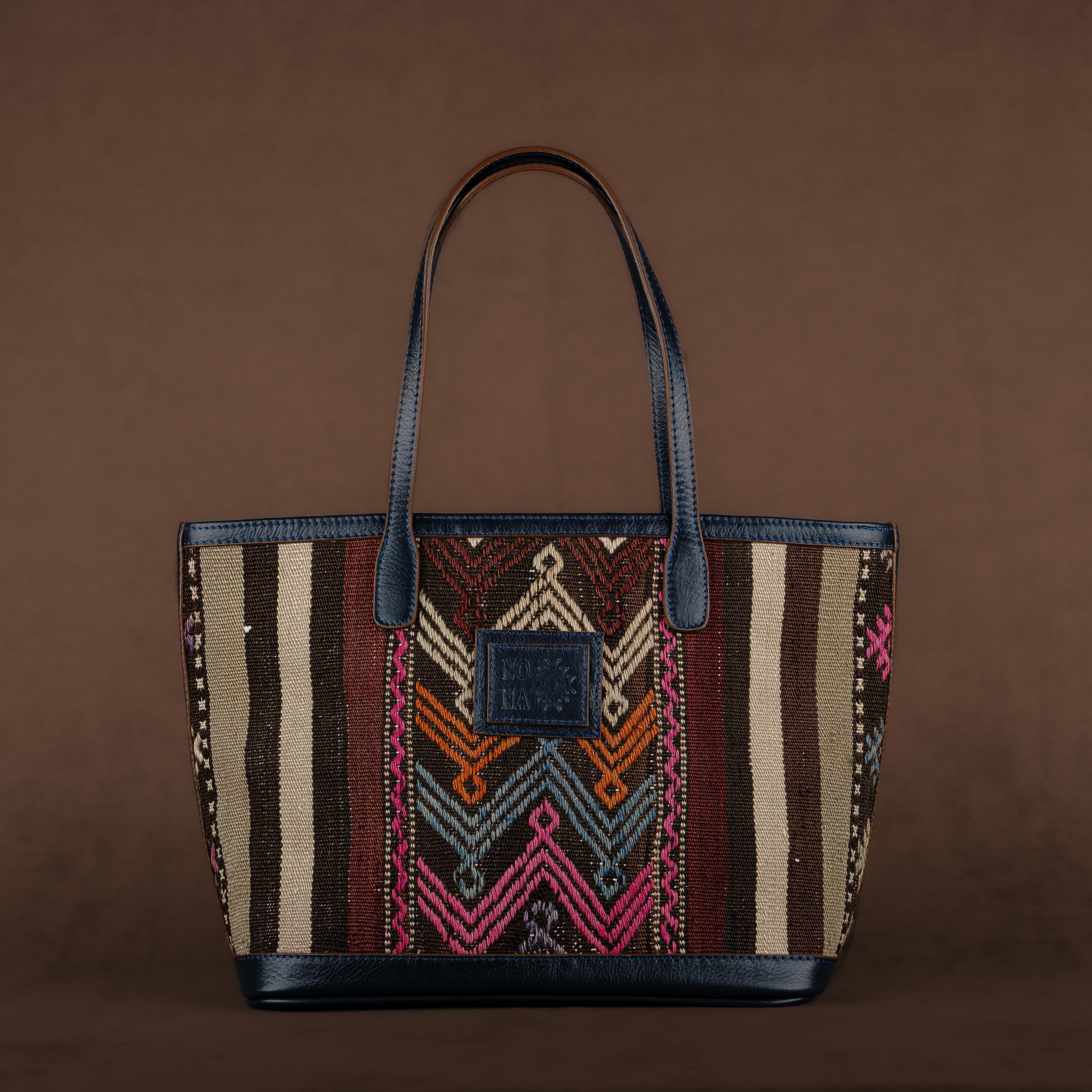 Waves TheNonaStore Tote Çanta, El Yapımı Antika Kilim Boho Çanta Midi