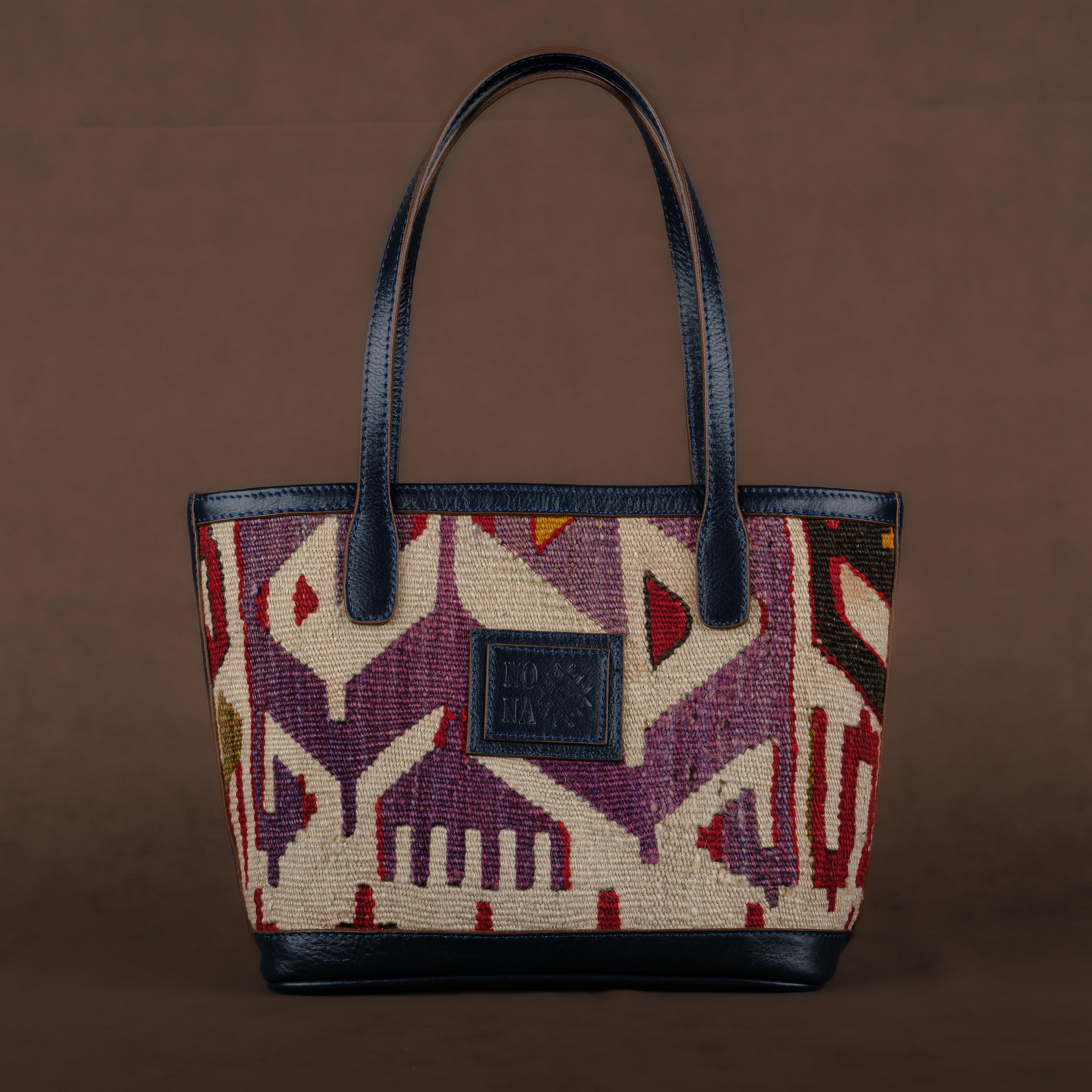 Plum Small Tote Bag, Handmade Antique Kilim Boho Bag