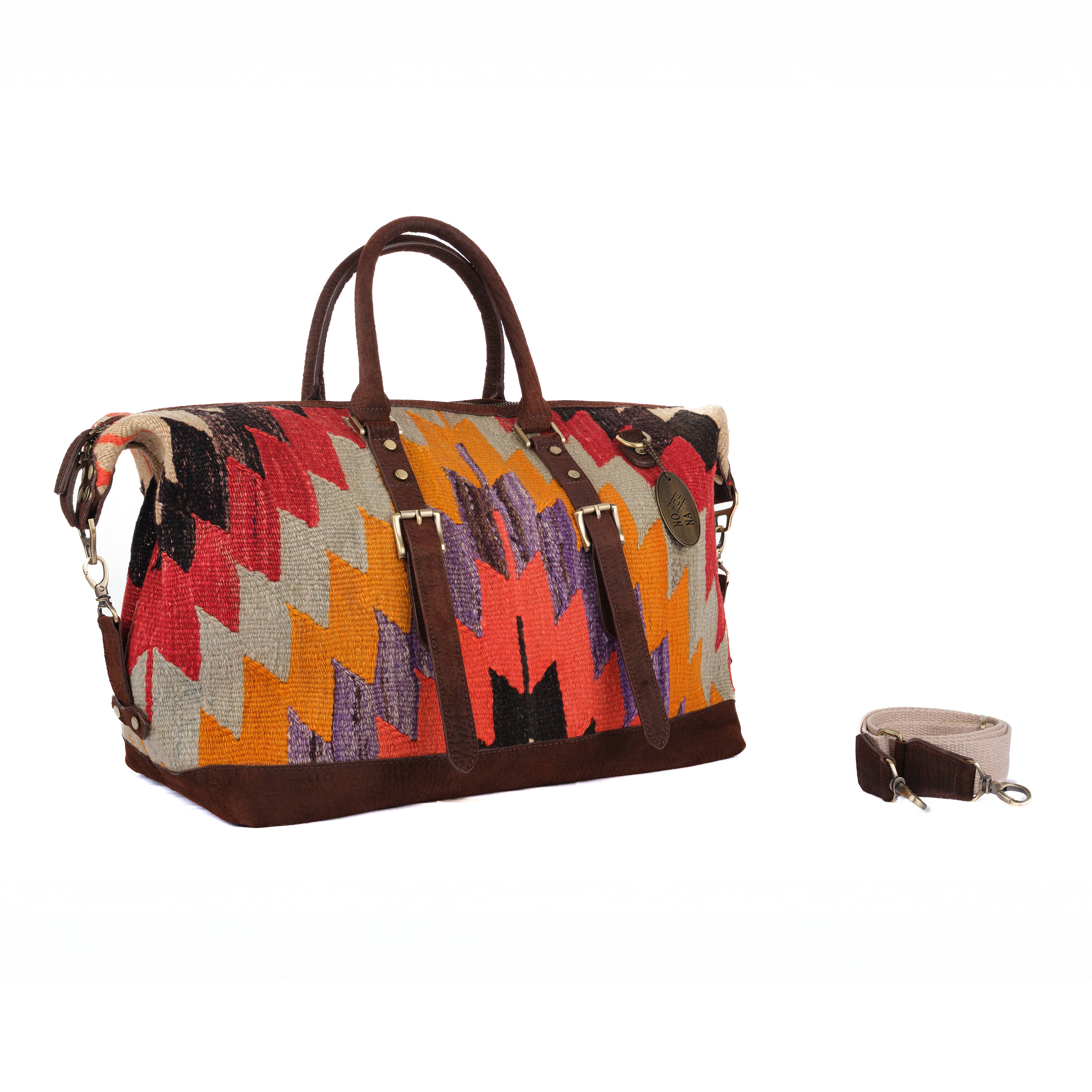 TheNonaStore Dream Handmade Weekender Boho Bag, Antique Kilim Leather Bag