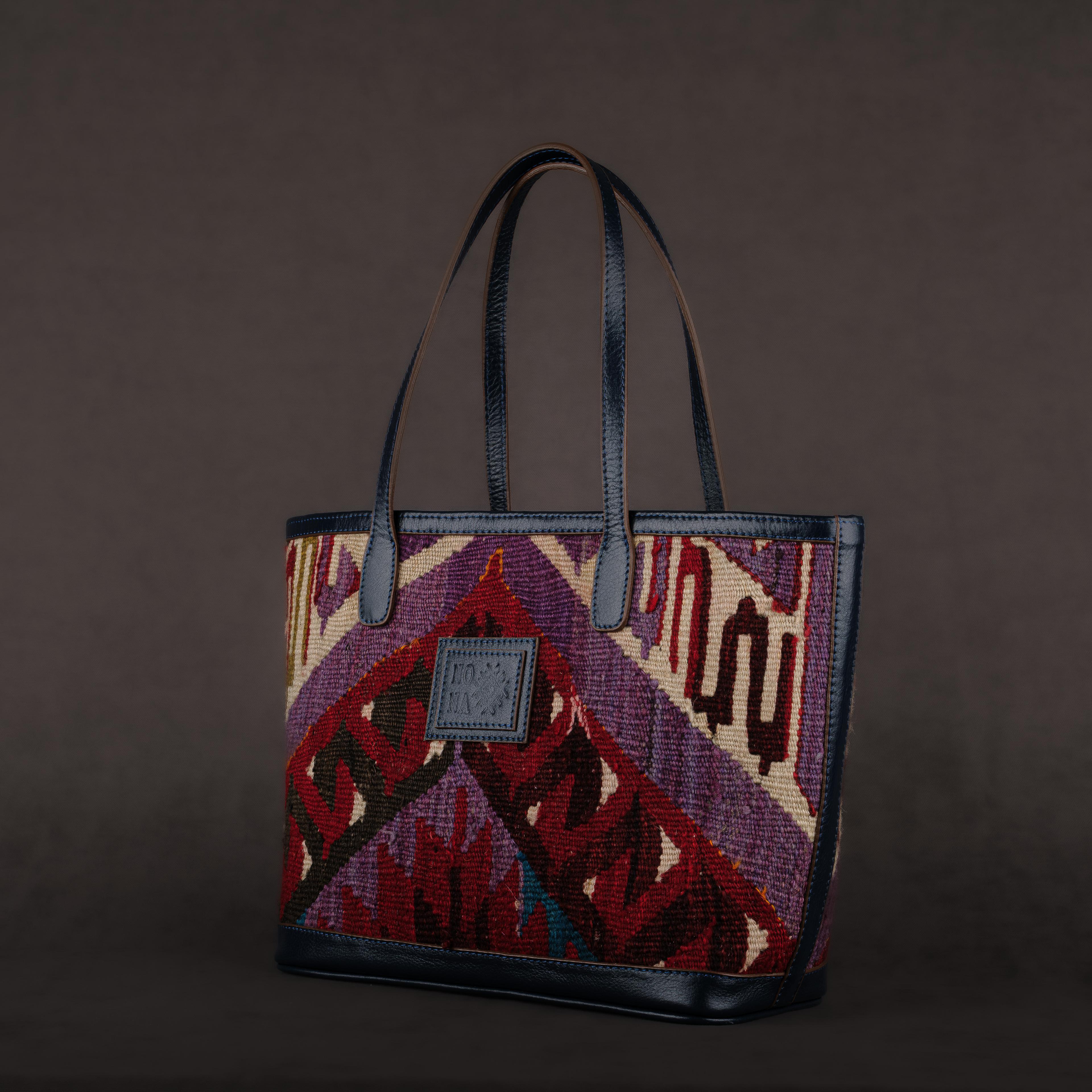 Mürdüm Medium Tote Bag, Handmade Antique Kilim Boho Bag