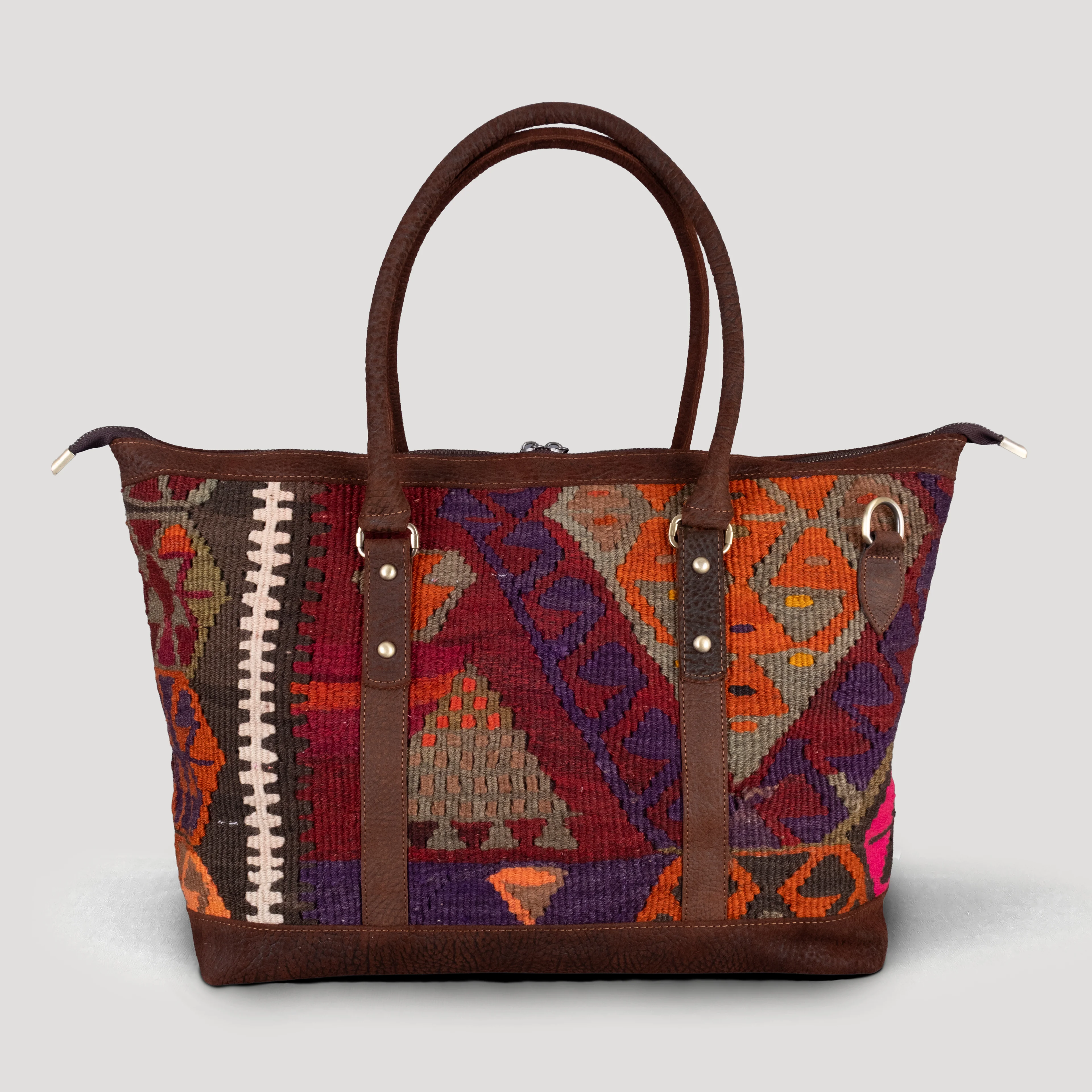 Royal Uzun Sap Weekender El Yapımı Boho Çanta, Antika Kilim Unisex Duffel Çanta