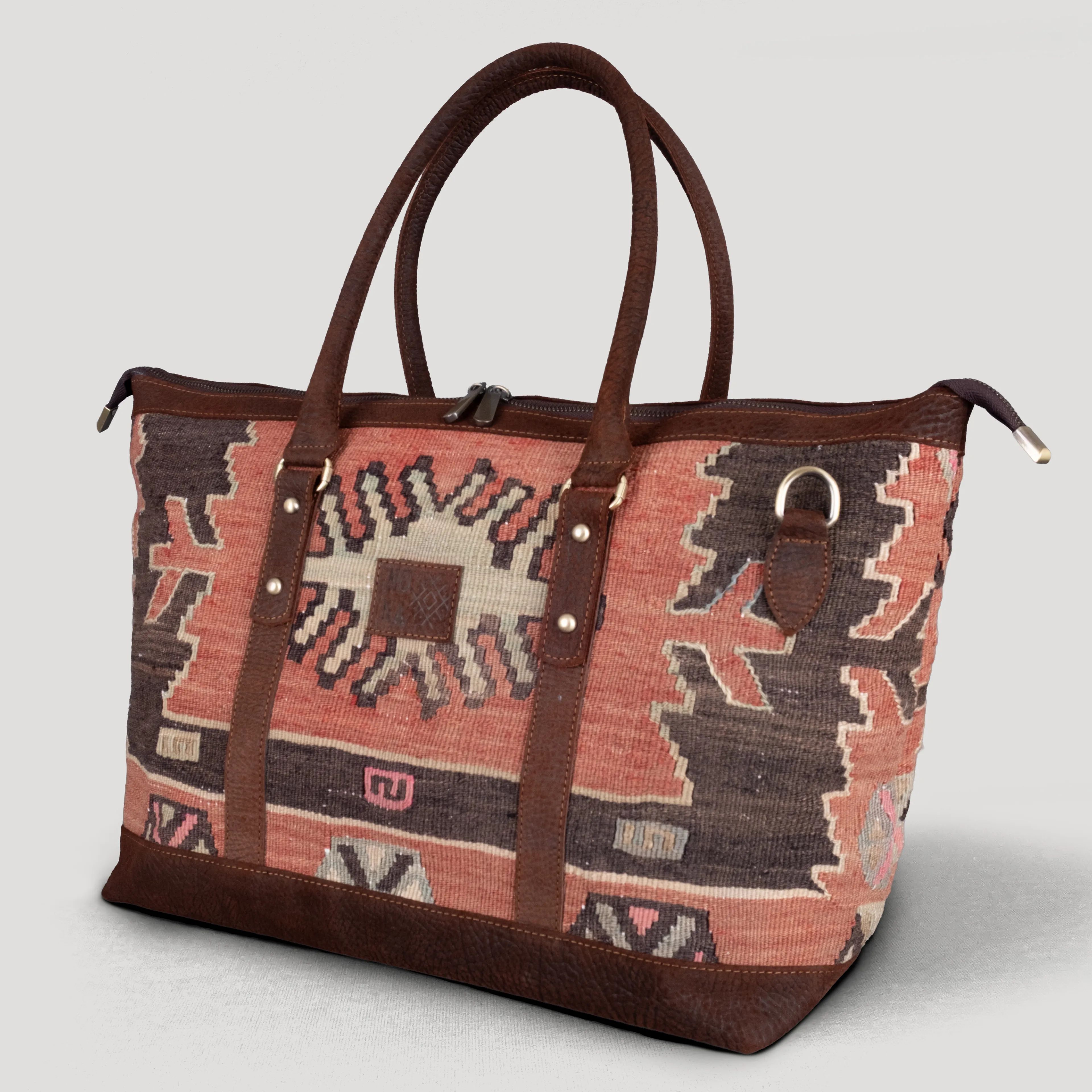 Oba Uzun Sap Weekender El Yapımı Boho Çanta, Antika Kilim Unisex Duffel Çanta