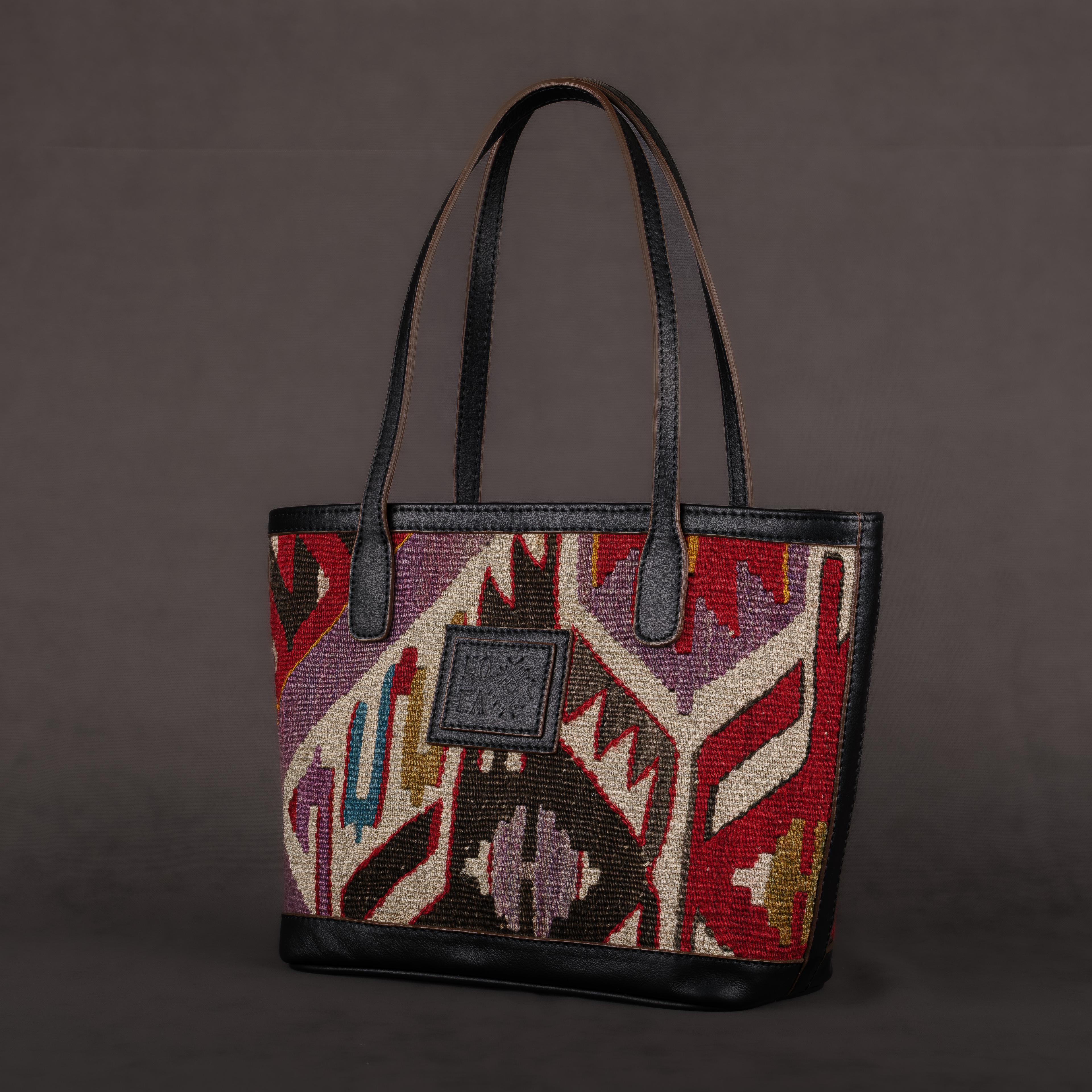 Spectrum Small Tote Bag, Handmade Antique Kilim Boho Bag