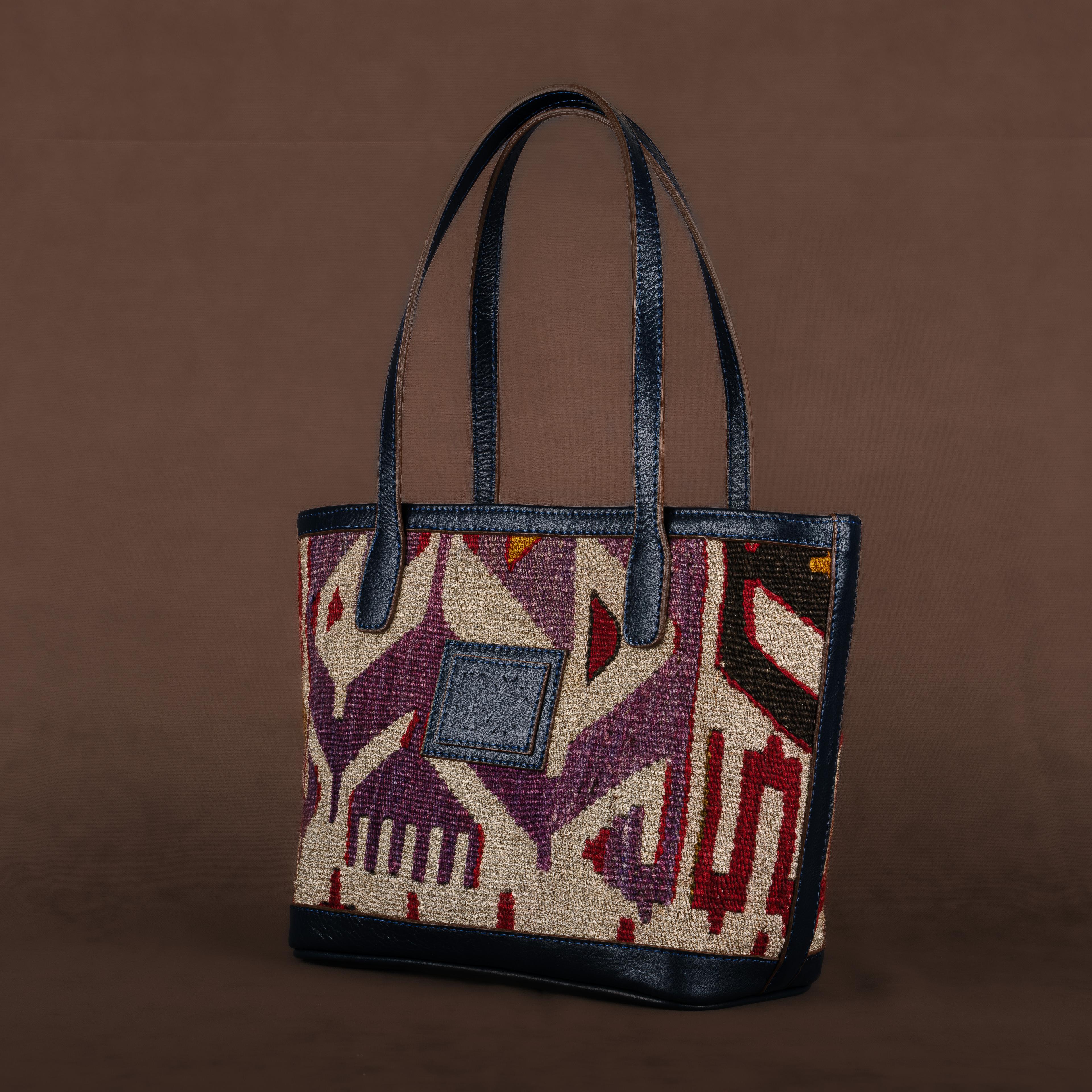 Plum Small Tote Bag, Handmade Antique Kilim Boho Bag
