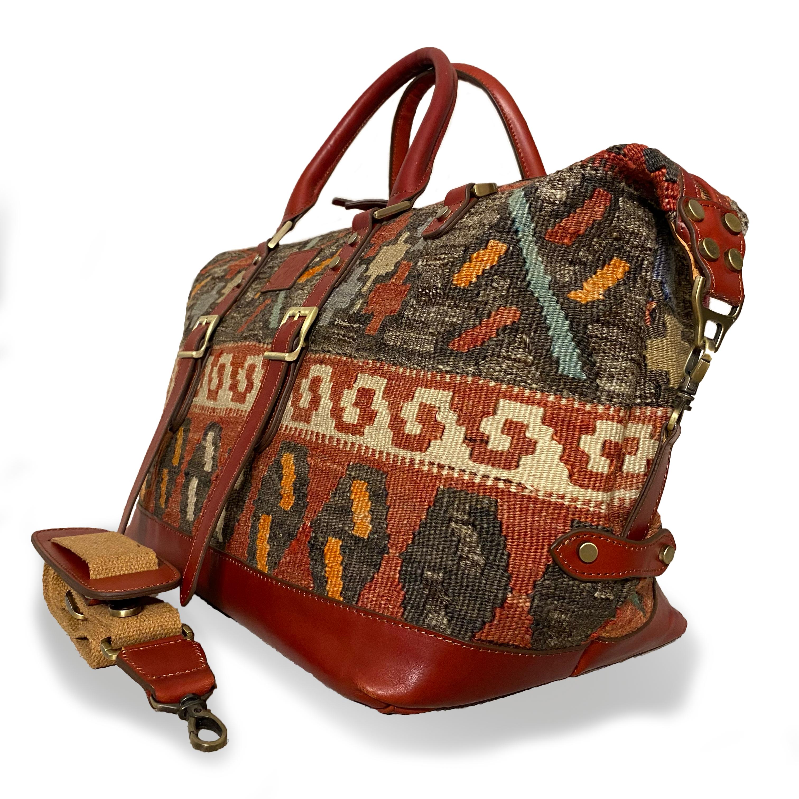 TheNonaStore El Yapımı Weekender Knidos Boho Çanta, Antika Kilim Unisex Çanta