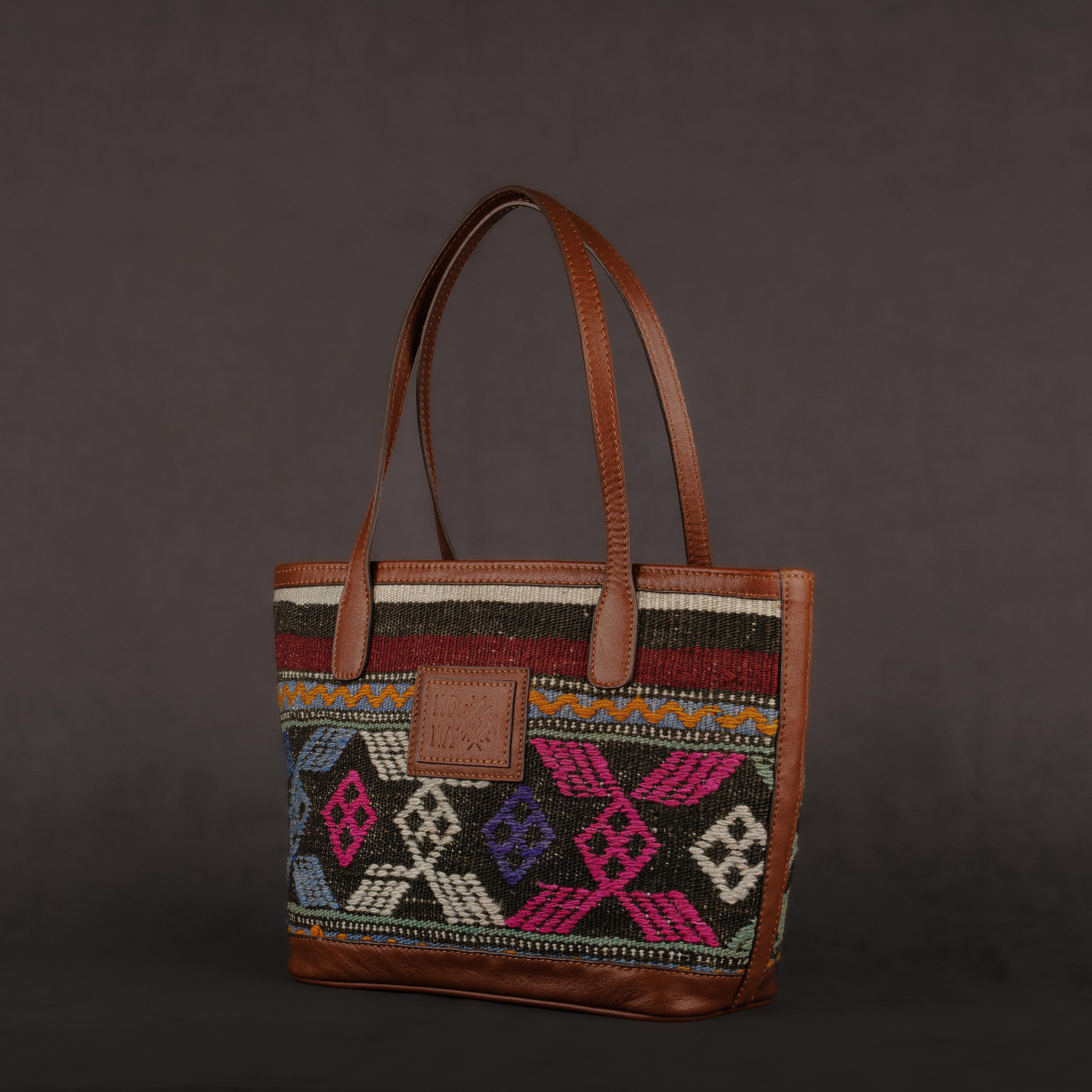 Stars Small Tote Bag, Handmade Antique Kilim Boho Bag