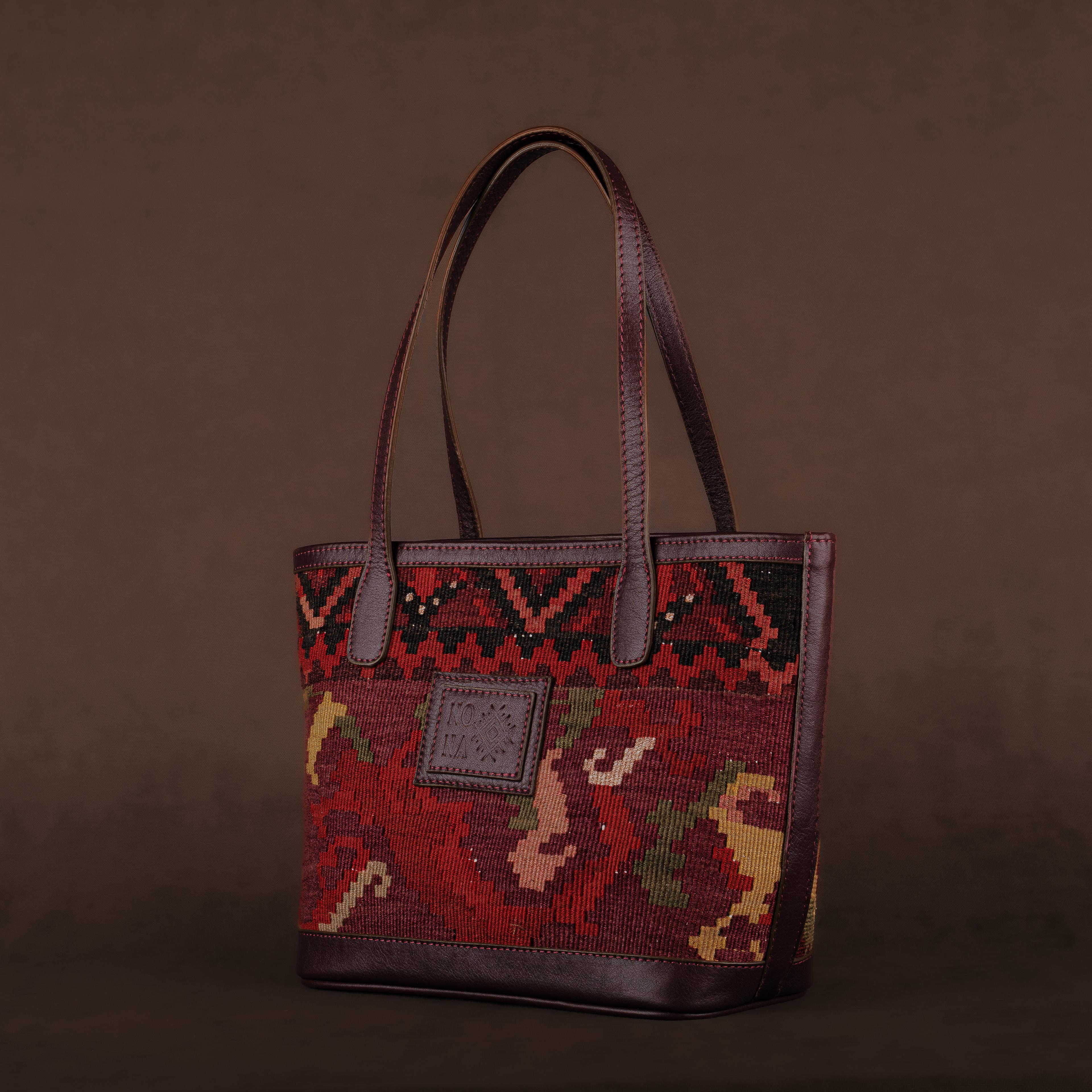 Fire Small Tote Bag, Handmade Antique Kilim Boho Bag