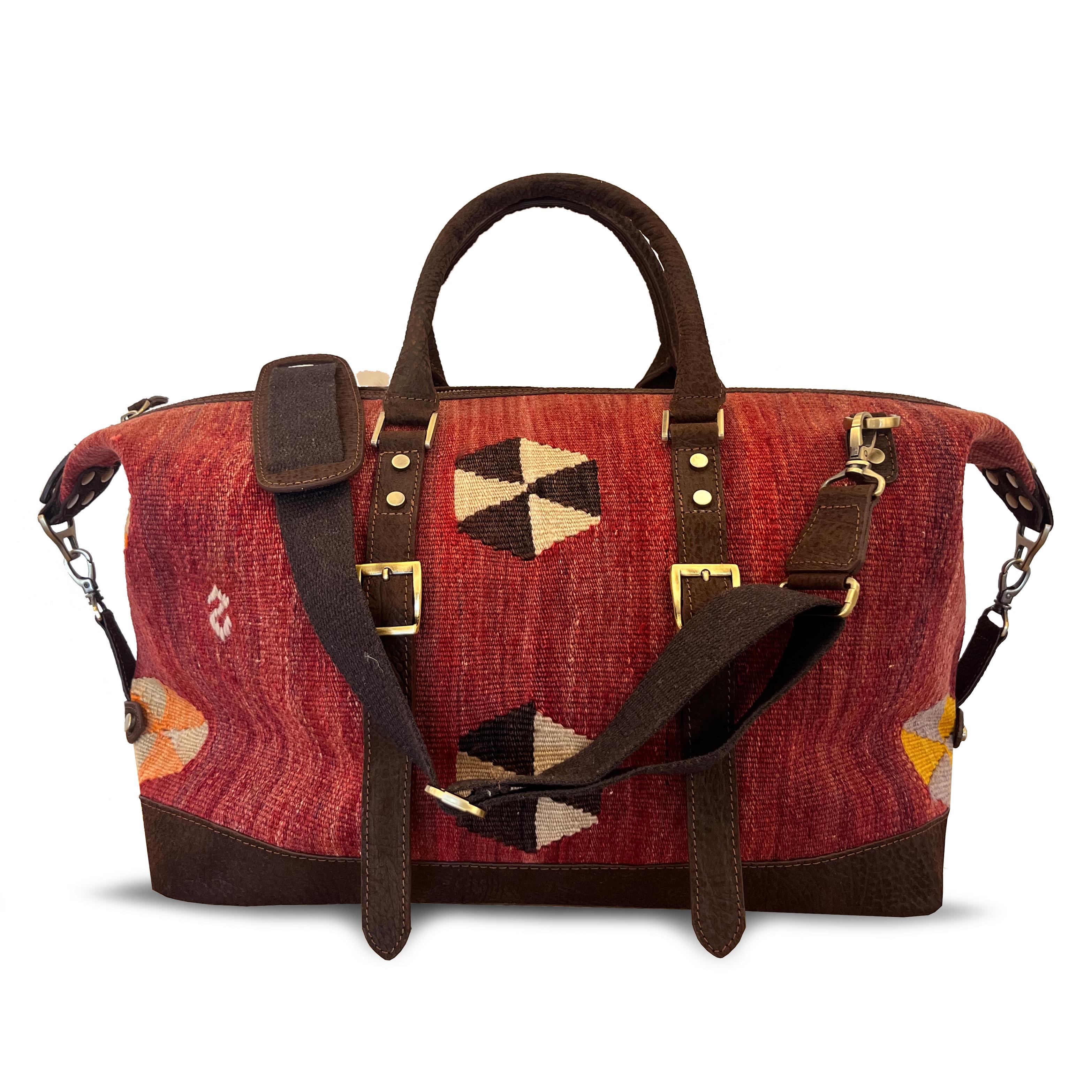 TheNonaStore Morocco El Yapımı Weekender Boho Çanta, Antika Kilim Unisex Çanta