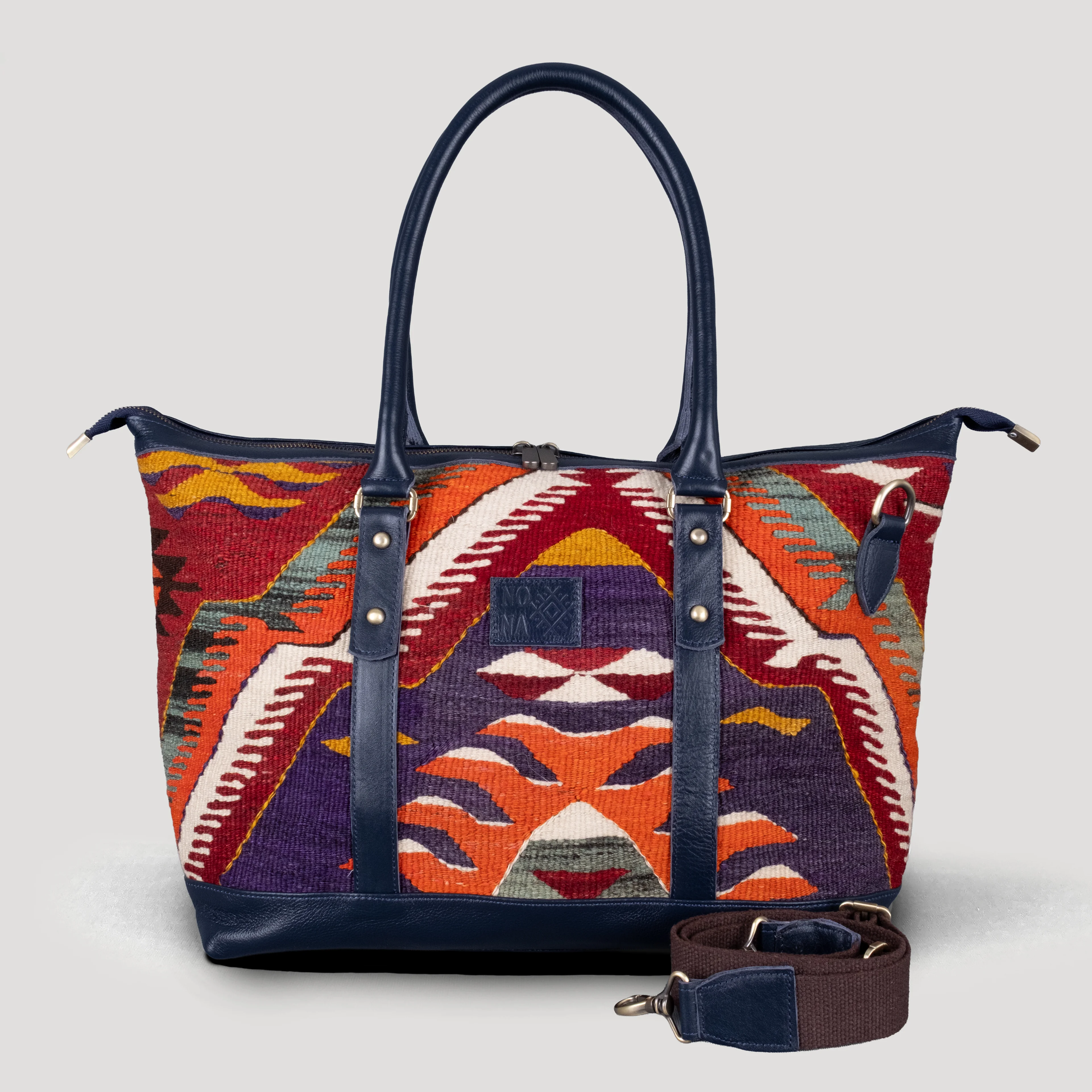 Rüya Uzun Sap Weekender El Yapımı Boho Çanta, Antika Kilim Unisex Duffel Çanta