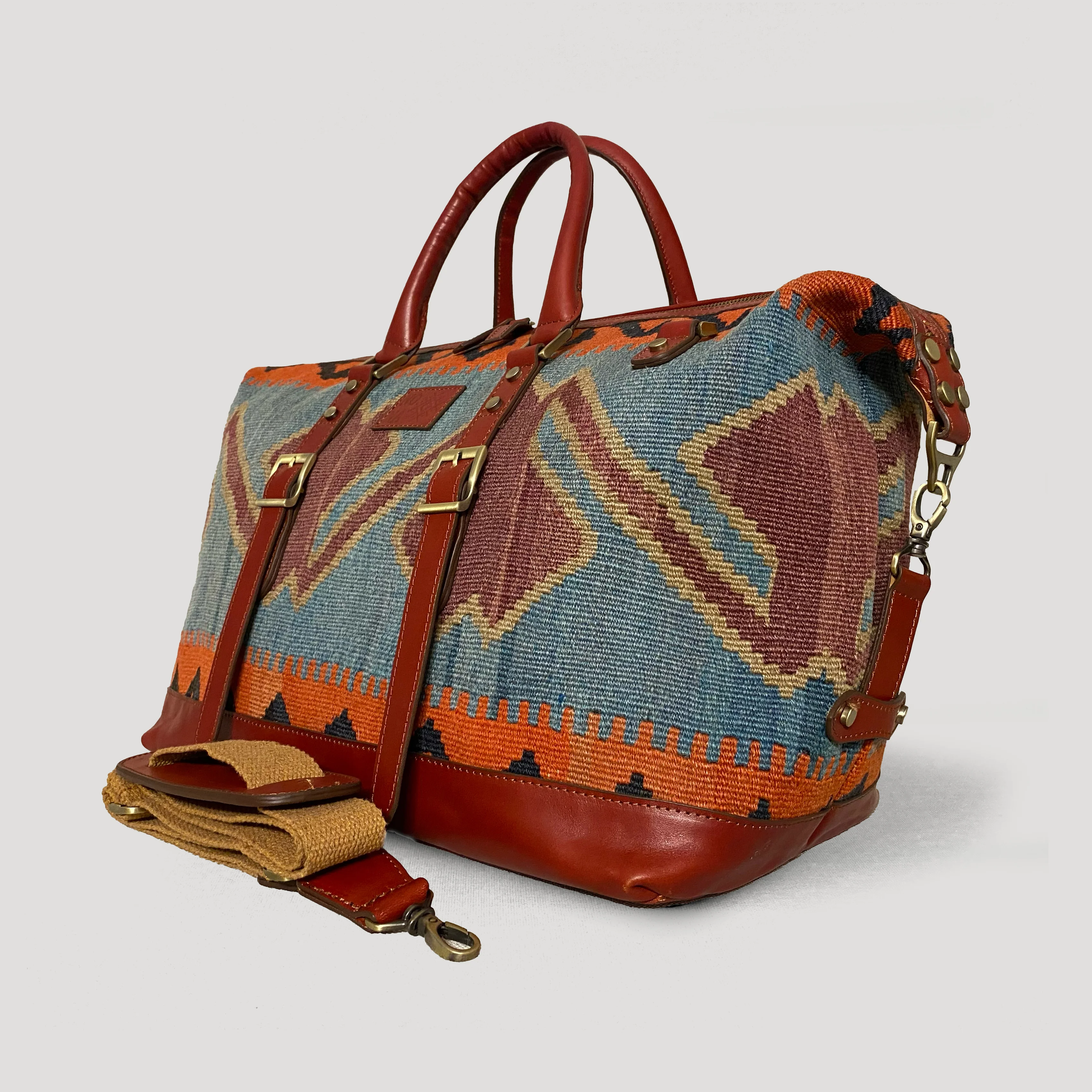 Positano Boho Weekender Bag, Handmade Antique Kilim Leather Bag 