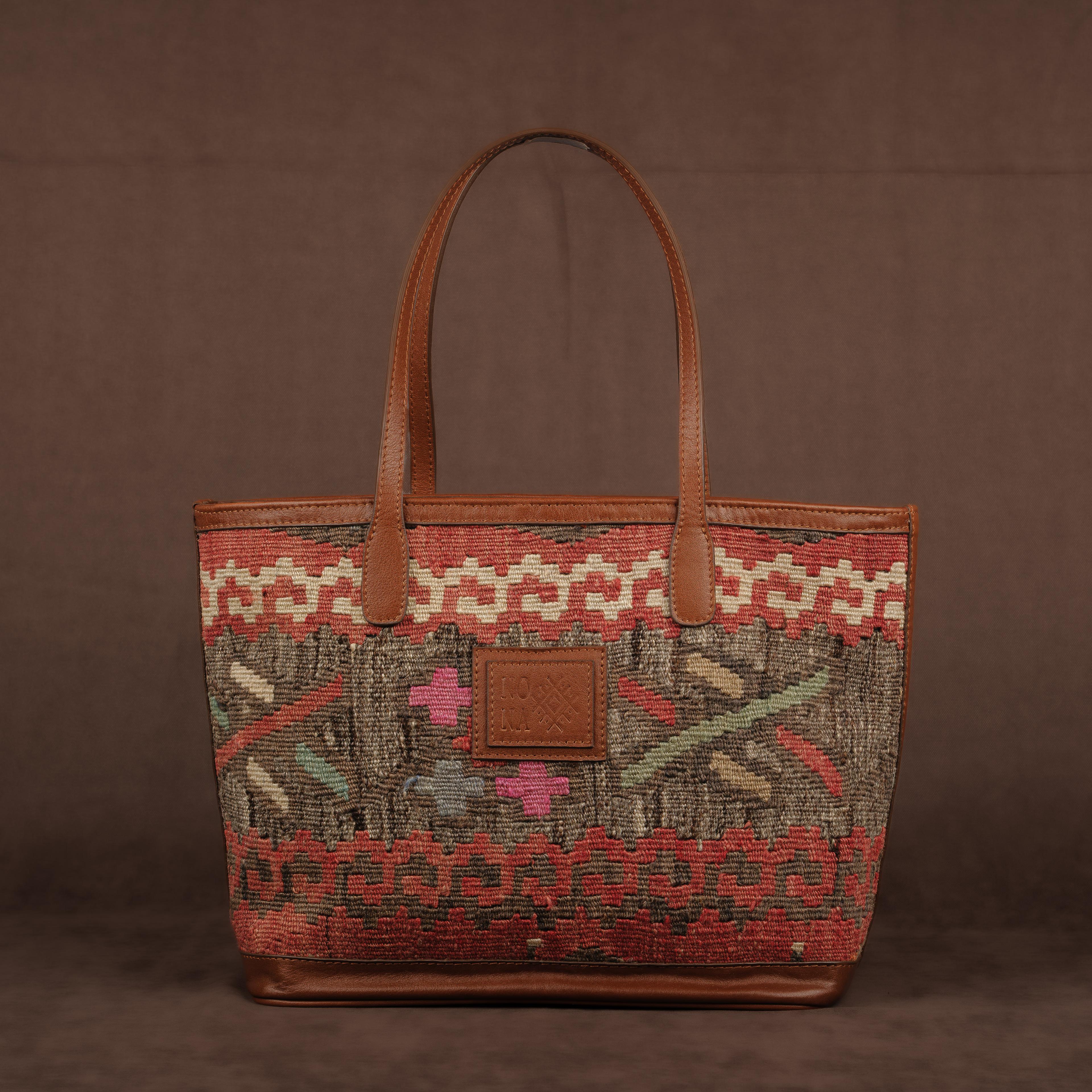 Bouquet TheNonaStore Tote Çanta, El Yapımı Antika Kilim Boho Çanta Midi