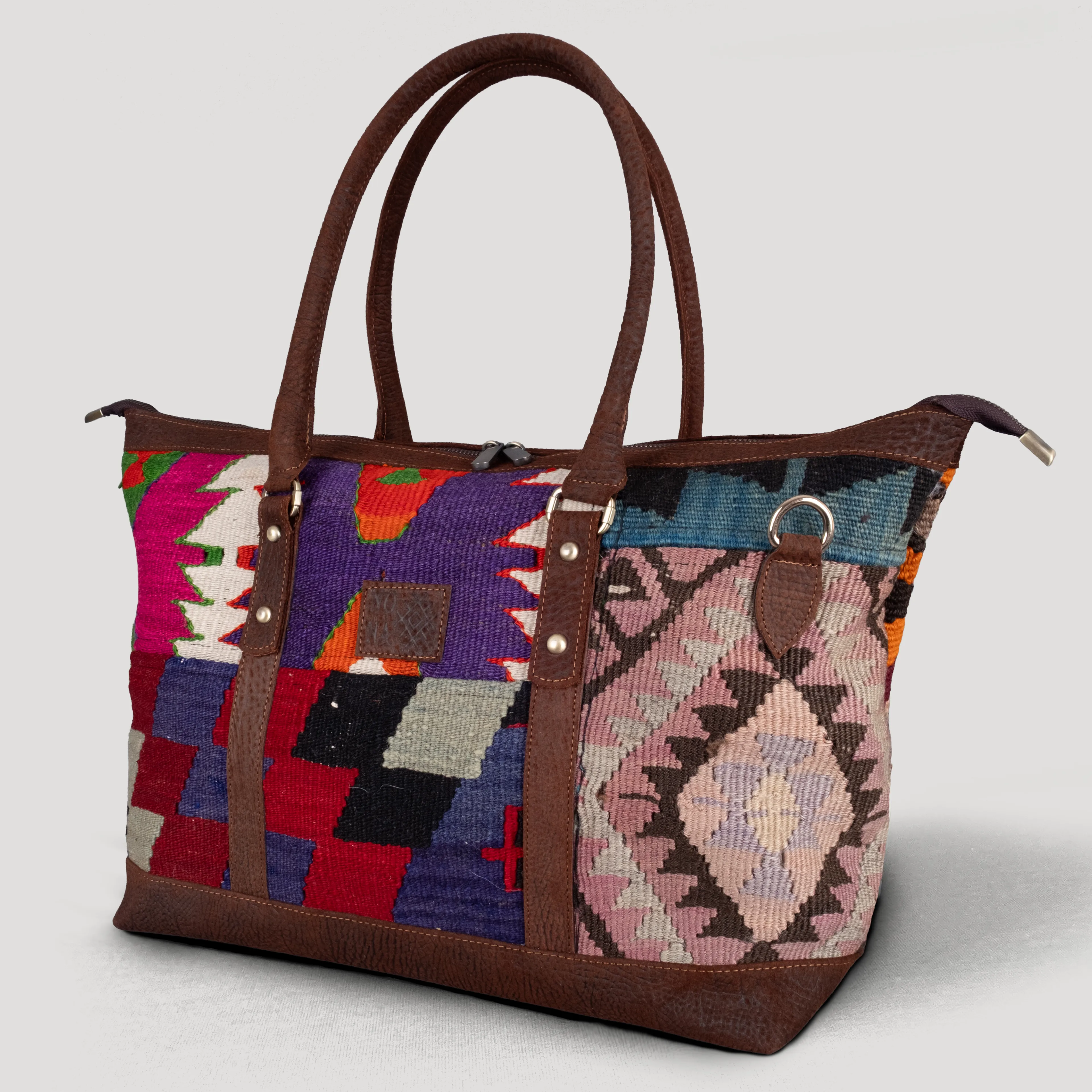 Yama Uzun Sap Weekender El Yapımı Boho Çanta, Antika Kilim Unisex Duffel Çanta